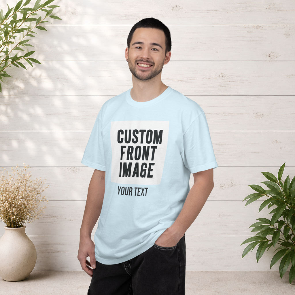 Custom Front Square Print T-Shirt — Personalized Text Bottom & Image Tee