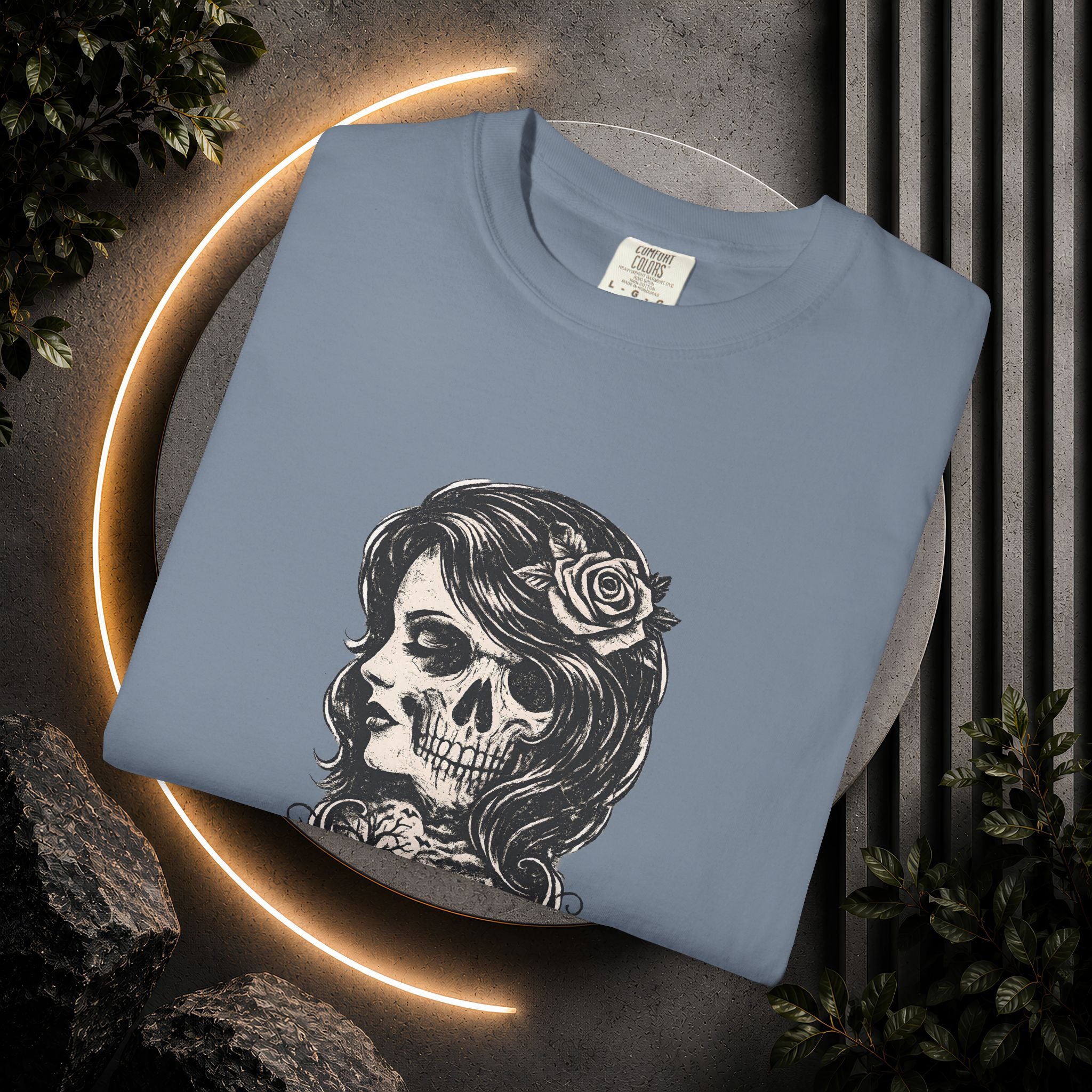 Skull Lady Rose T-Shirt — Vintage Day of the Dead Portrait Tee