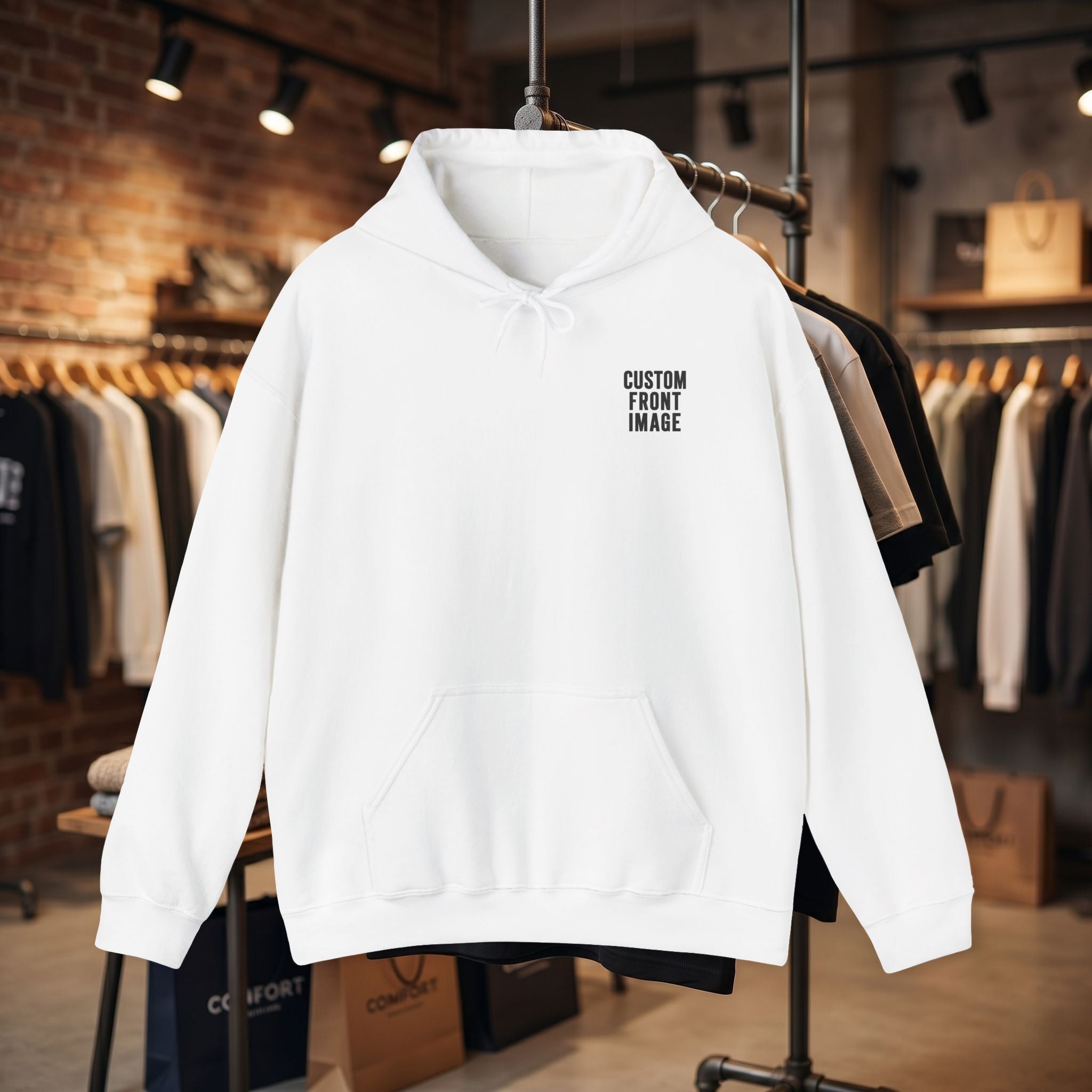 Custom Front Small Left and Back Image Hoodie — Personalized White Pullover Hooded Sweatshirt