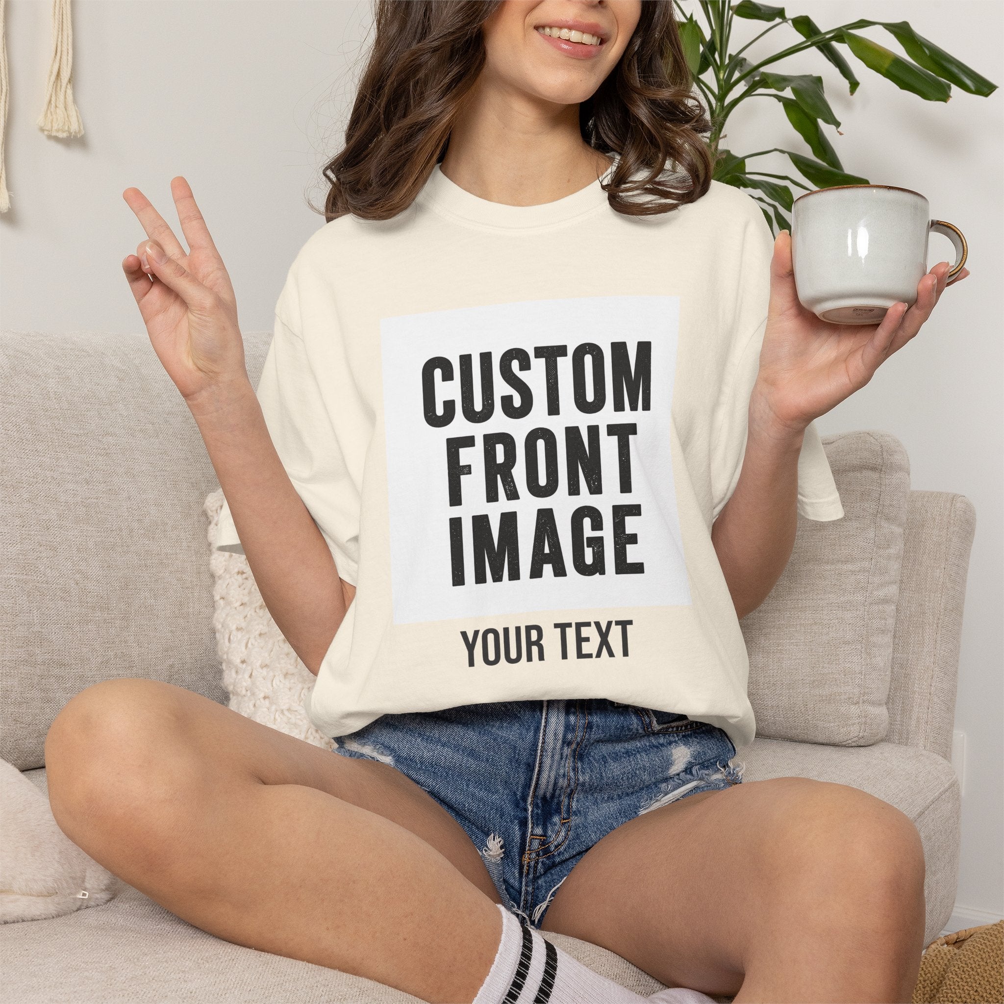 Custom Front Square Print T-Shirt — Personalized Text Bottom & Image Tee