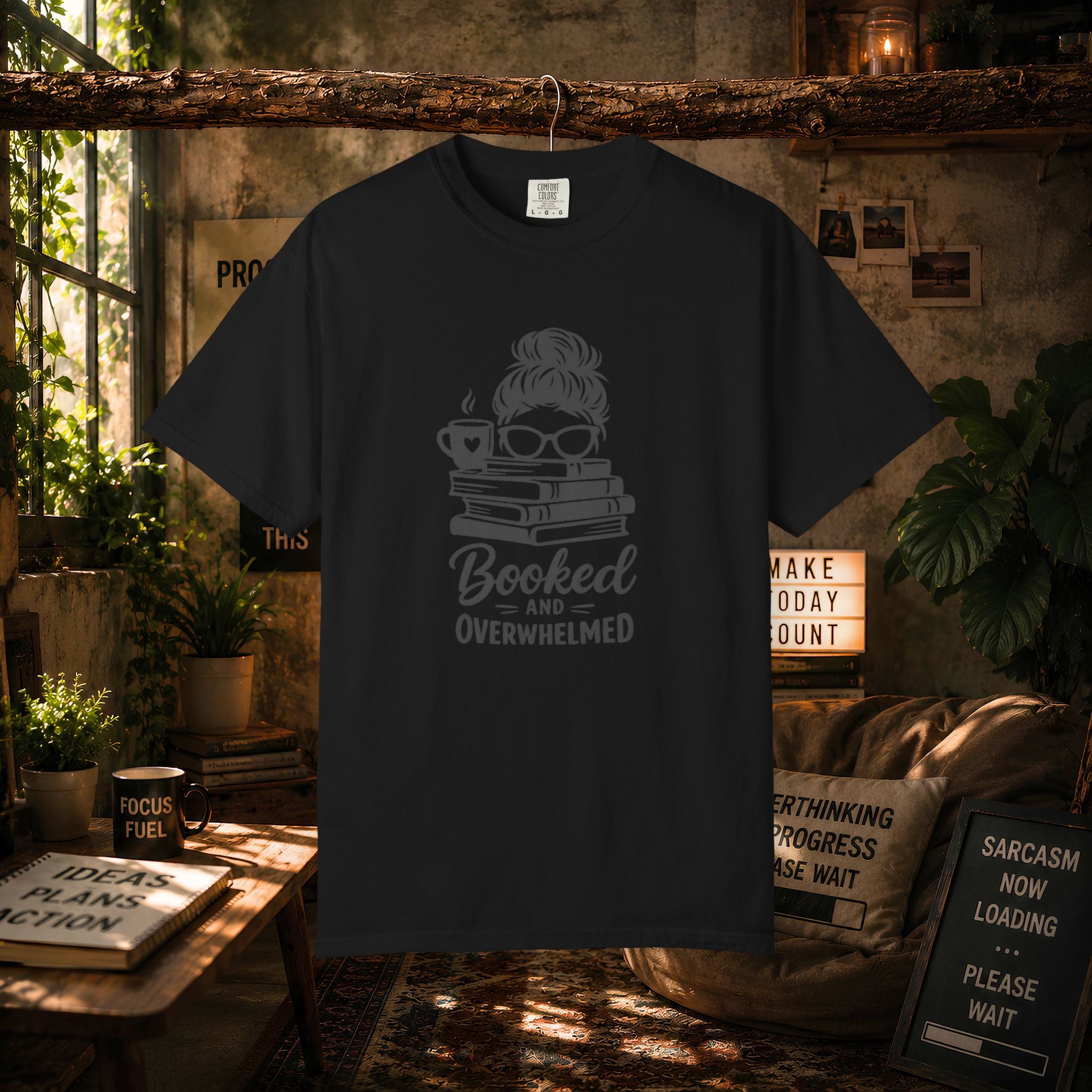 Book Lover T-Shirt — "Booked and Overwhelmed" Graphic Tee