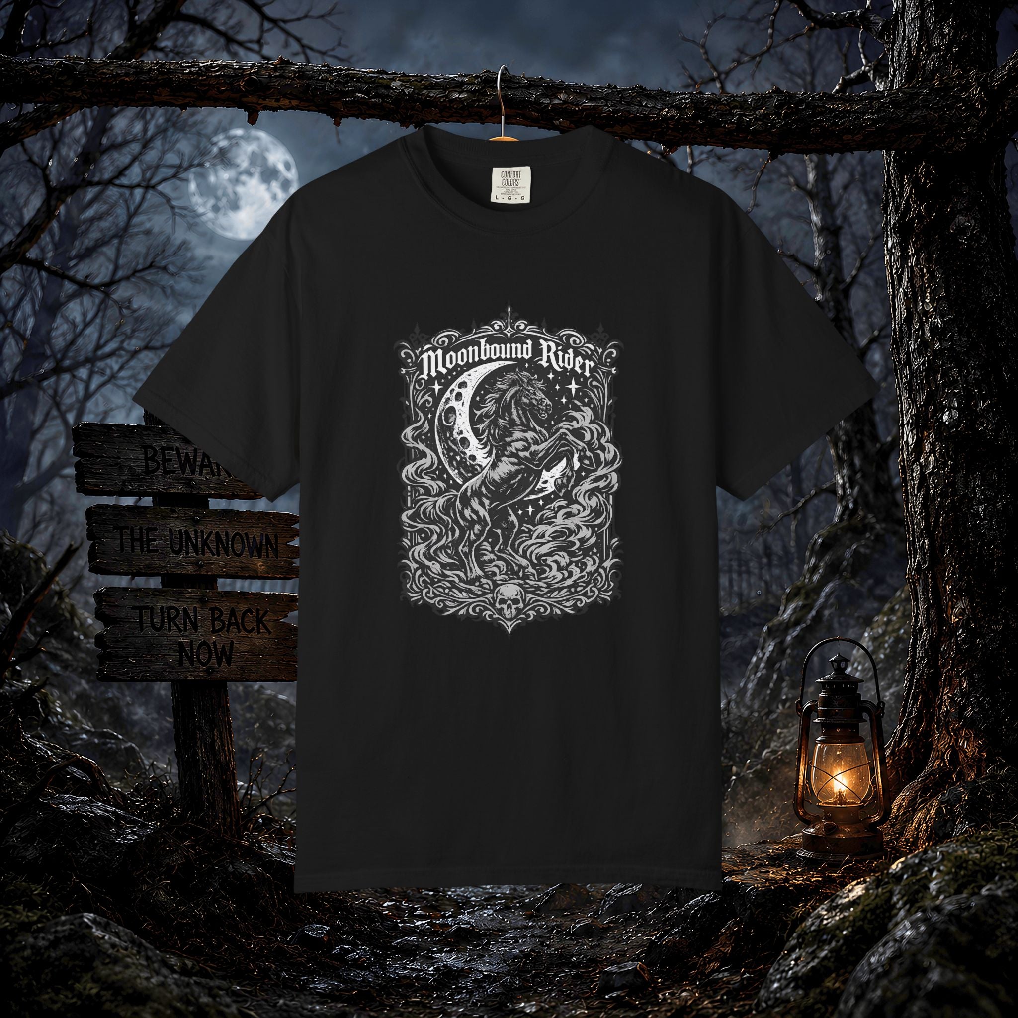 Moonbound Rider T‑Shirt — Gothic Horse Moon Design
