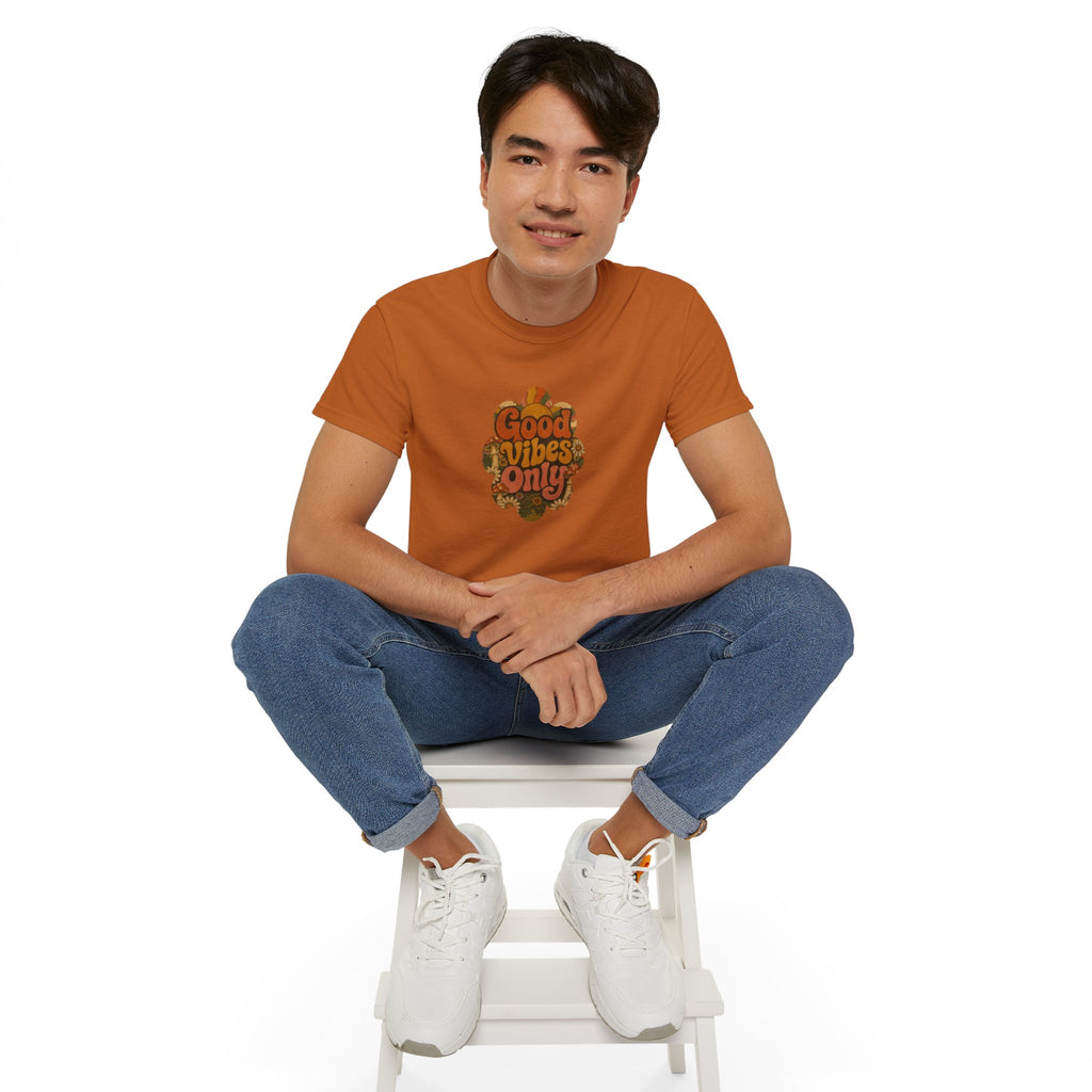 Good Vibes Only T-Shirt | Retro Floral Typography, Orange Fall Tee