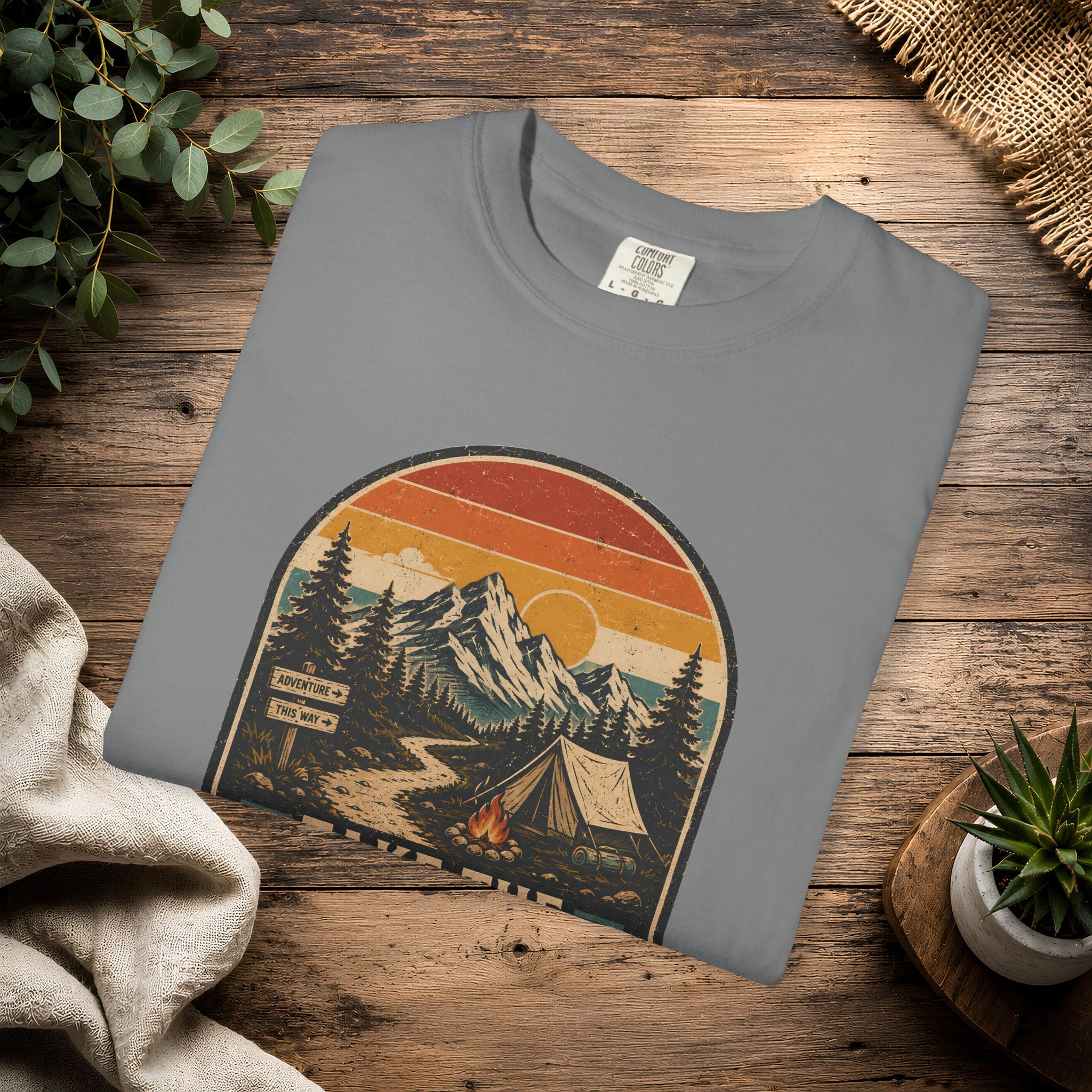 Scenic Route Camping T-Shirt — Retro Mountains & Tent Outdoor Tee