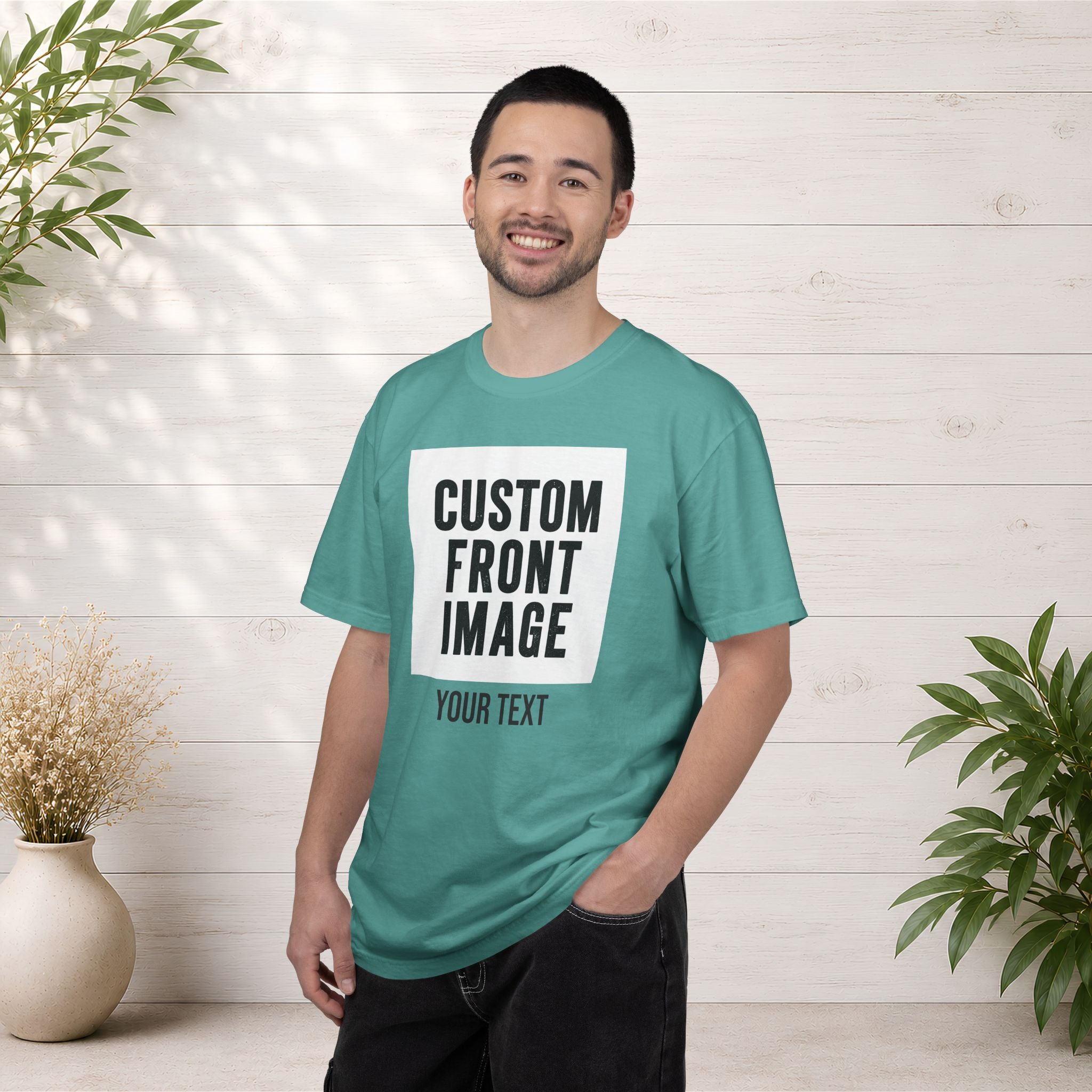 Custom Front Square Print T-Shirt — Personalized Text Bottom & Image Tee