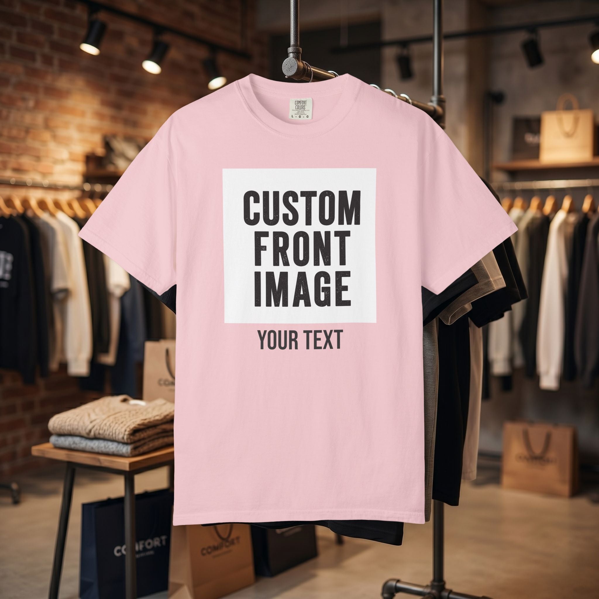 Custom Front Square Print T-Shirt — Personalized Text Bottom & Image Tee