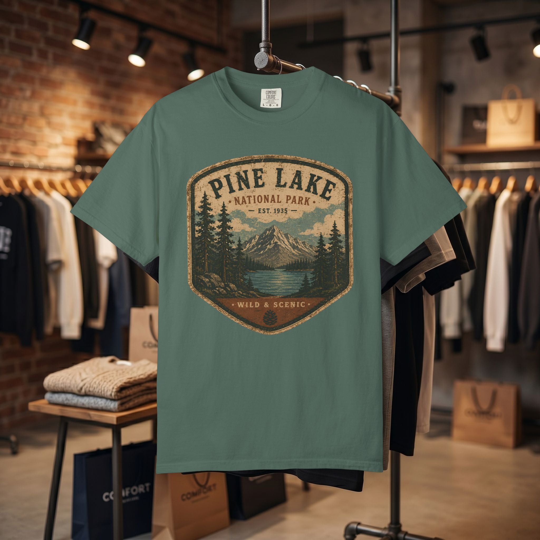 Pine Lake National Park Badge T-Shirt | Mountain Lake Forest Graphic