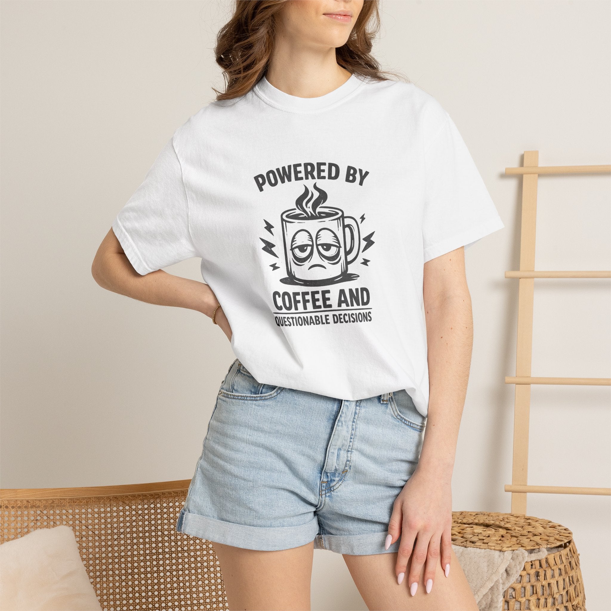 Coffee & Questionable Decisions T-Shirt – Powered by Coffee Graphic Tee