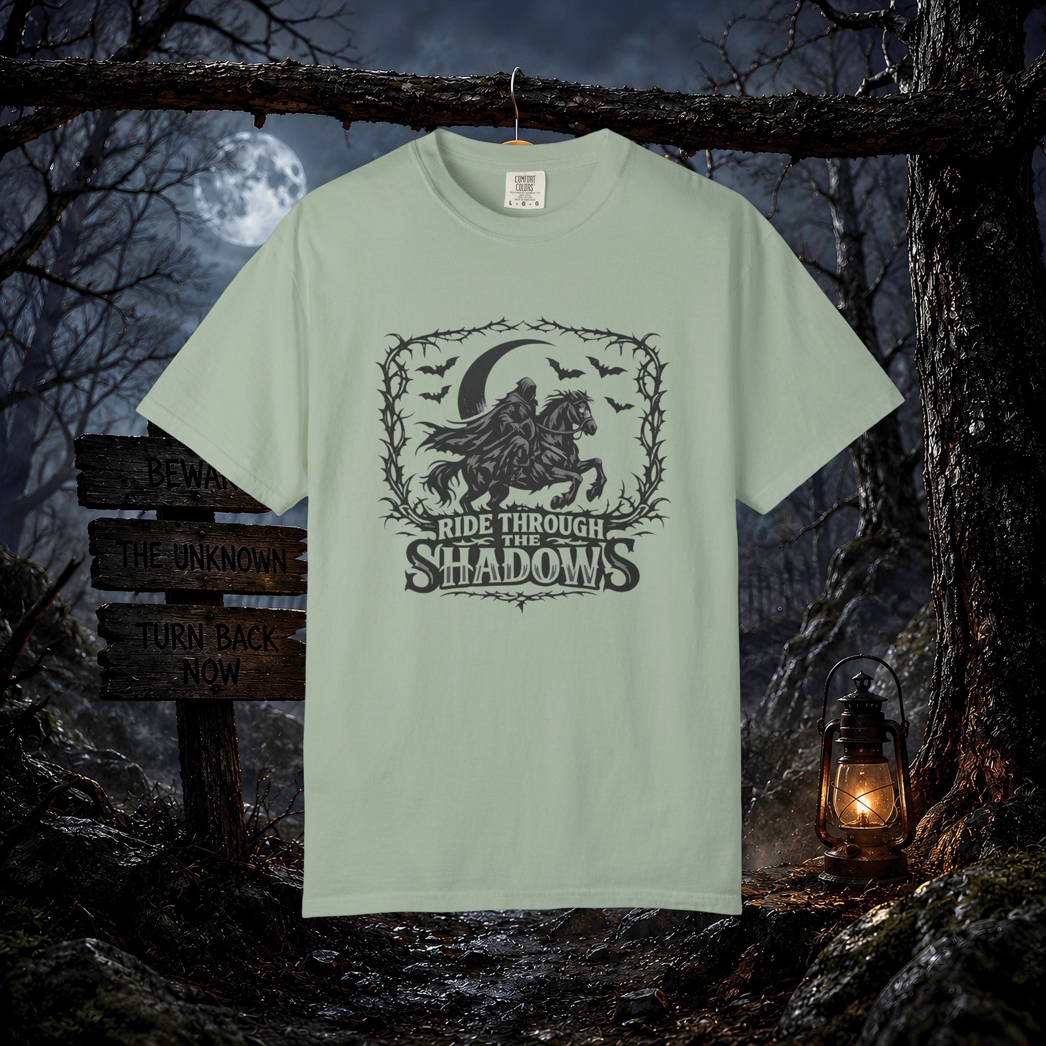 Ride Through Shadows T-Shirt — Gothic Raven Horse Moon Design