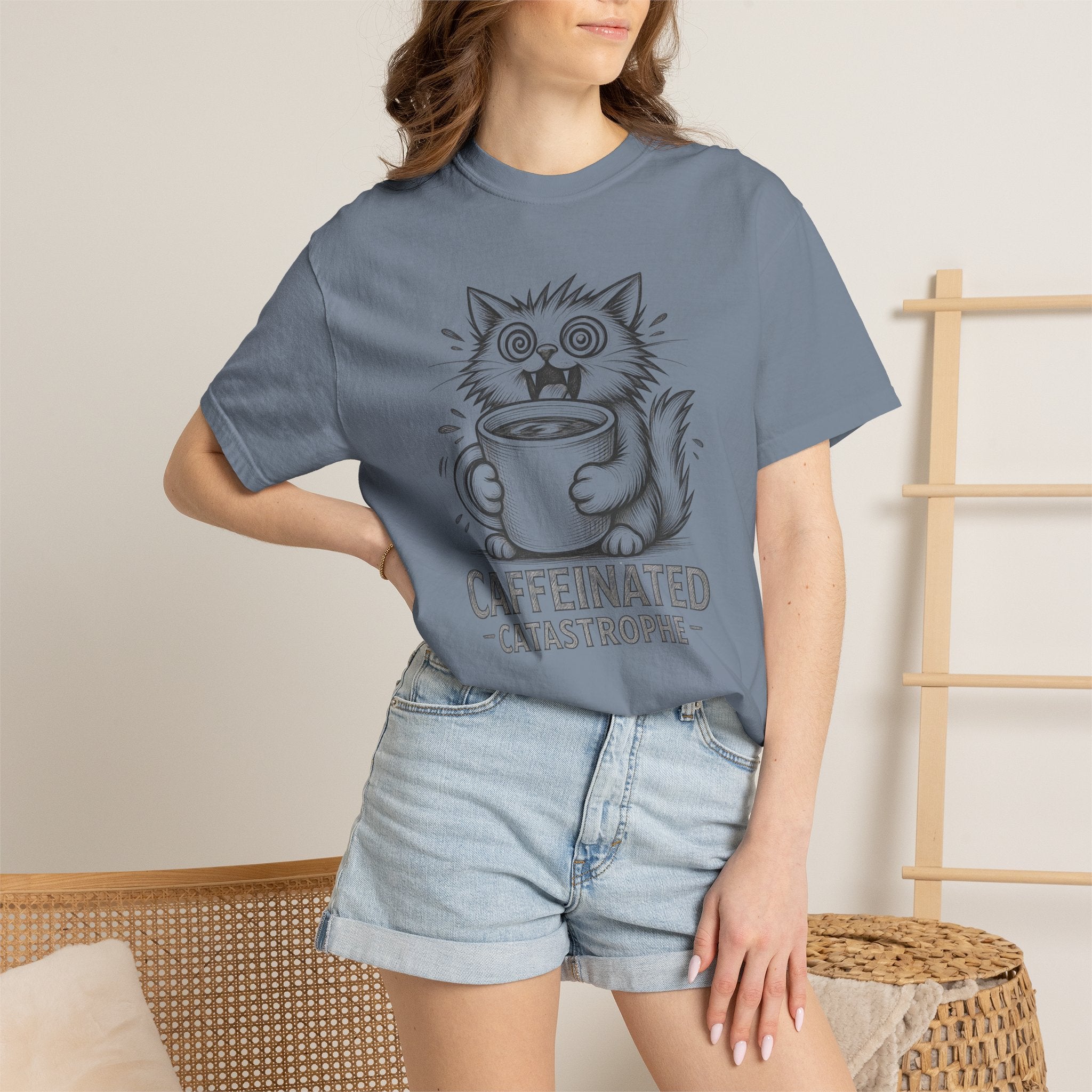 Caffeinated Cat T-Shirt — "Caffeinated Catastrophe" Coffee Lover Tee