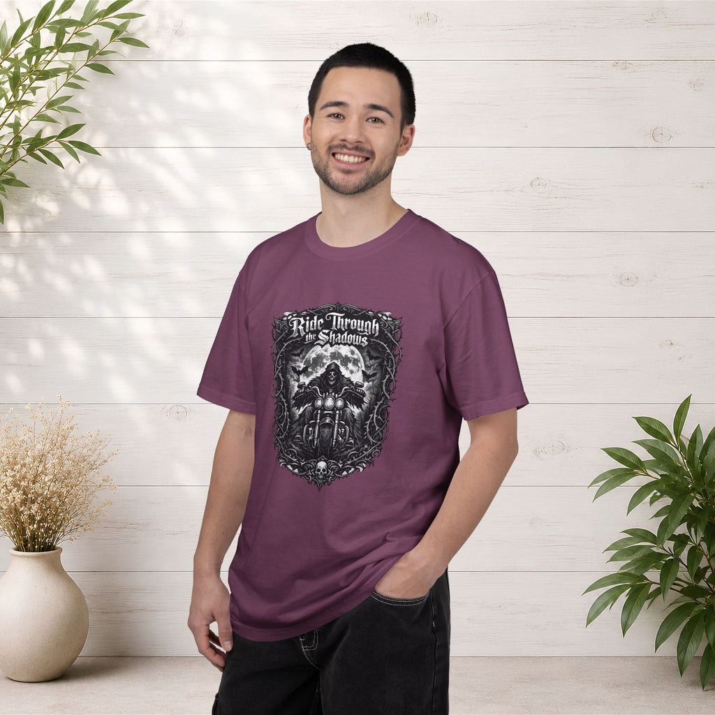 Ride Through Shadows T-Shirt — Gothic Skull Motorcycle Graphic Tee
