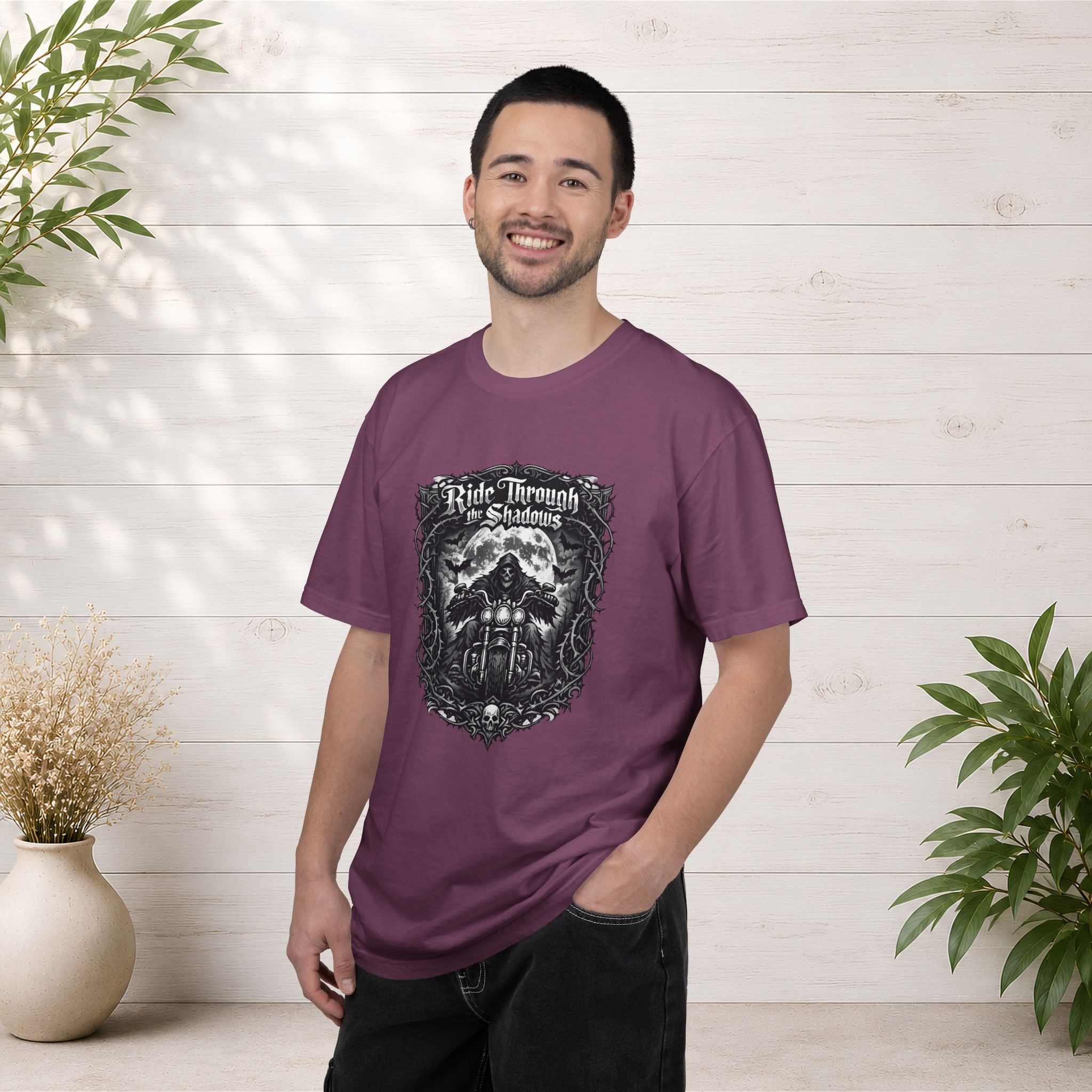 Ride Through Shadows T-Shirt — Gothic Skull Motorcycle Graphic Tee