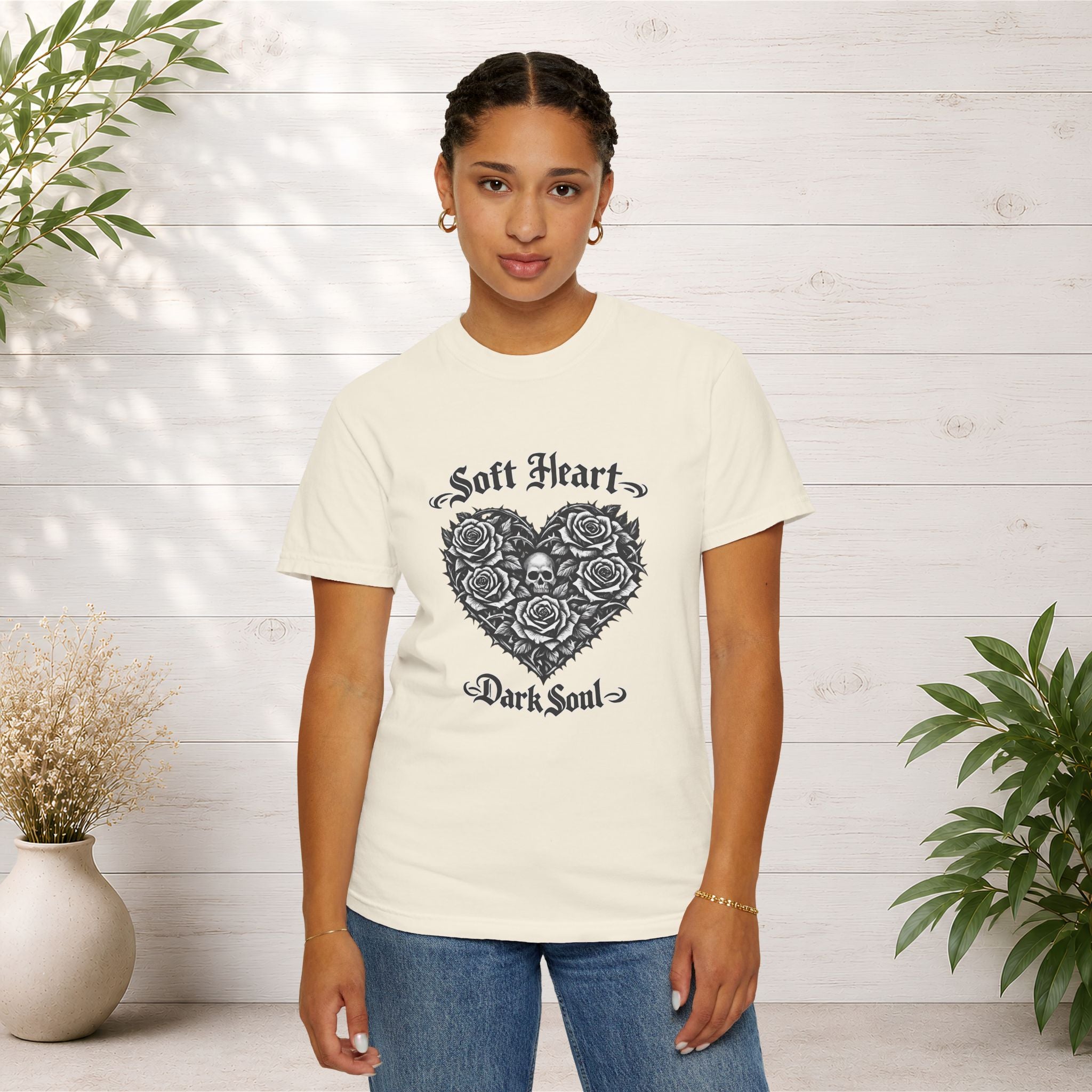 Soft Heart Dark Soul T-Shirt — Gothic Rose Skull Graphic Tee