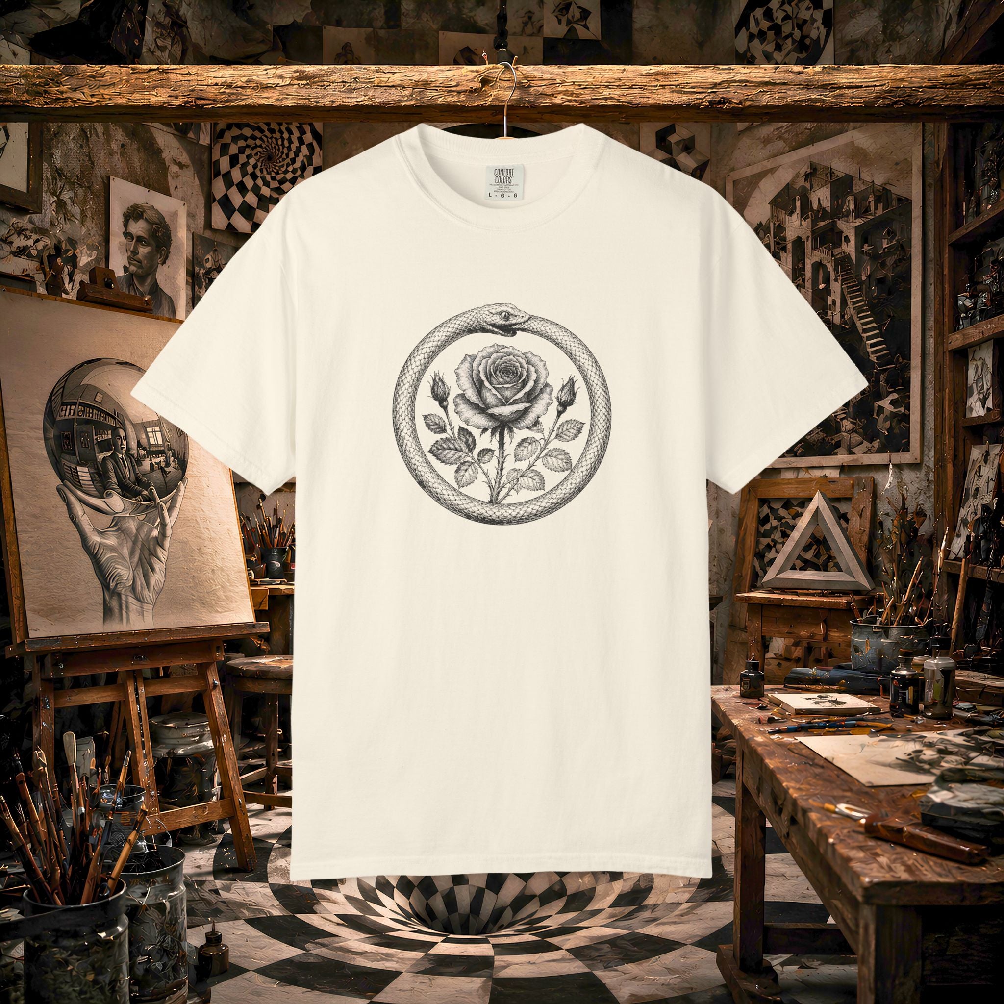 Rose in Ouroboros Snake Circle T-shirt | Botanical Vintage Line Art