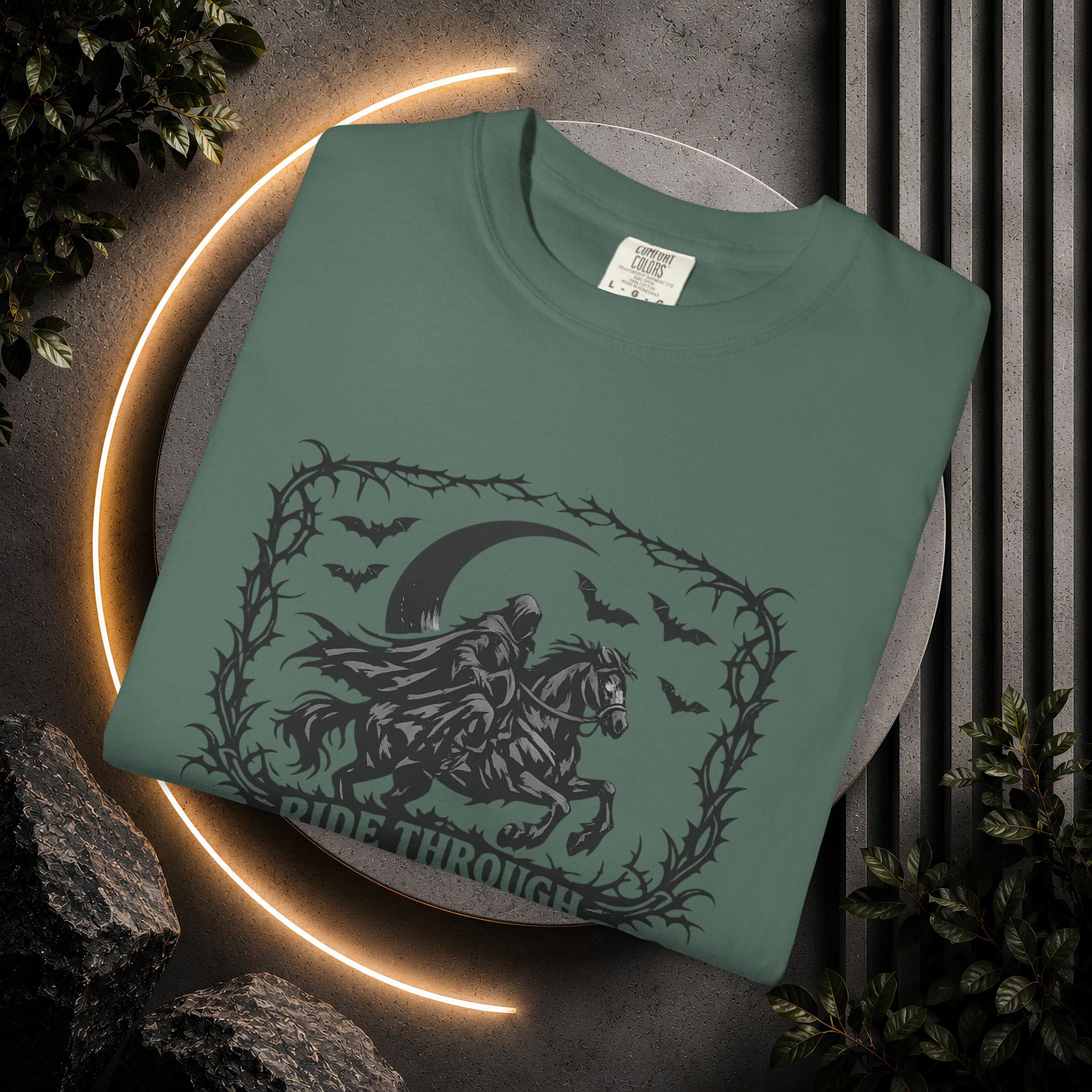 Ride Through Shadows T-Shirt — Gothic Raven Horse Moon Design
