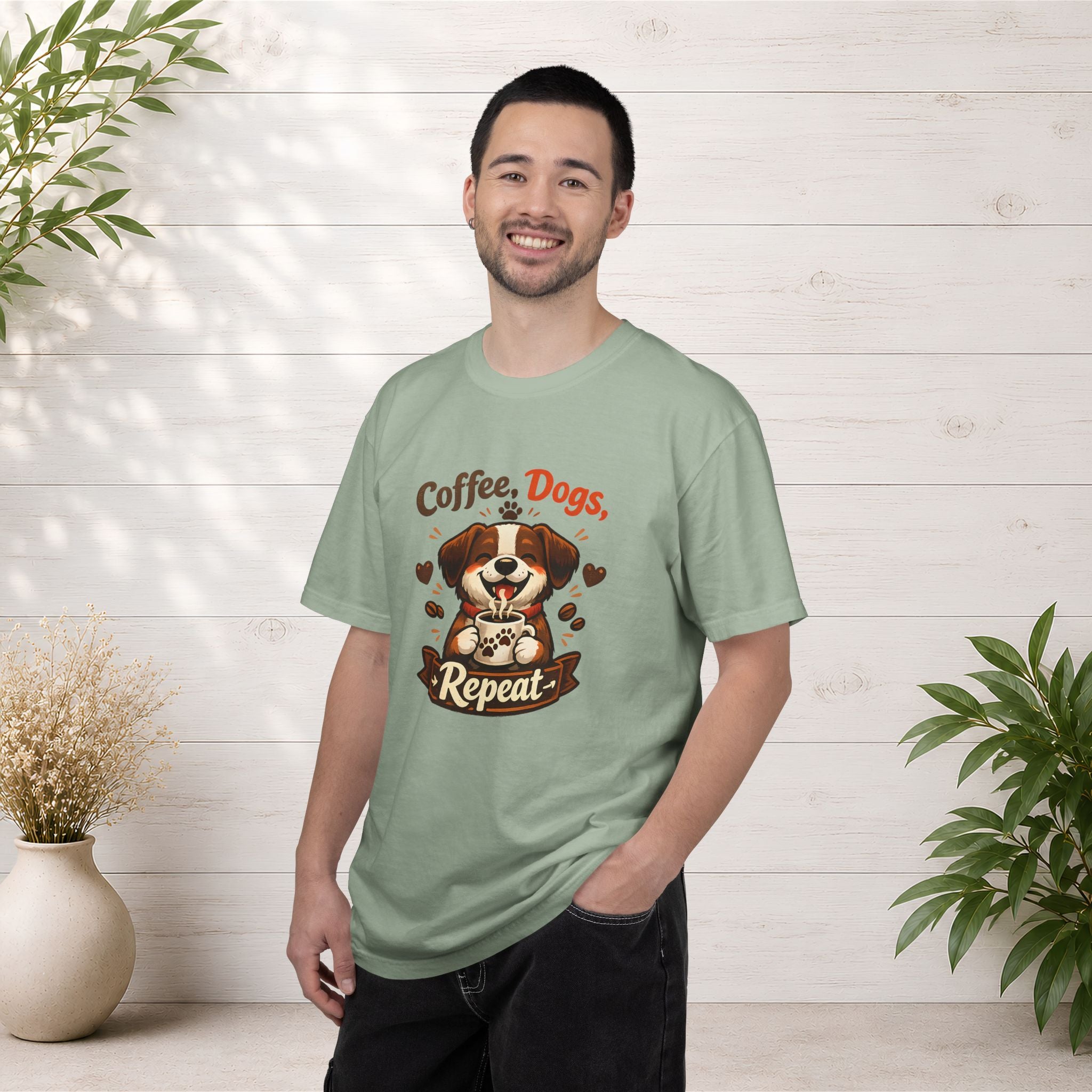 "Coffee, Dogs, Repeat" Cute Dog & Coffee Graphic T-Shirt