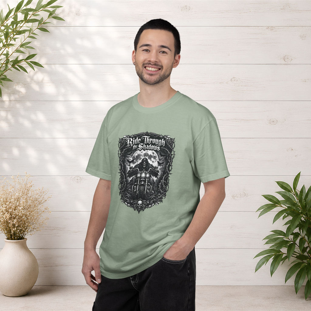 Ride Through Shadows T-Shirt — Gothic Skull Motorcycle Graphic Tee
