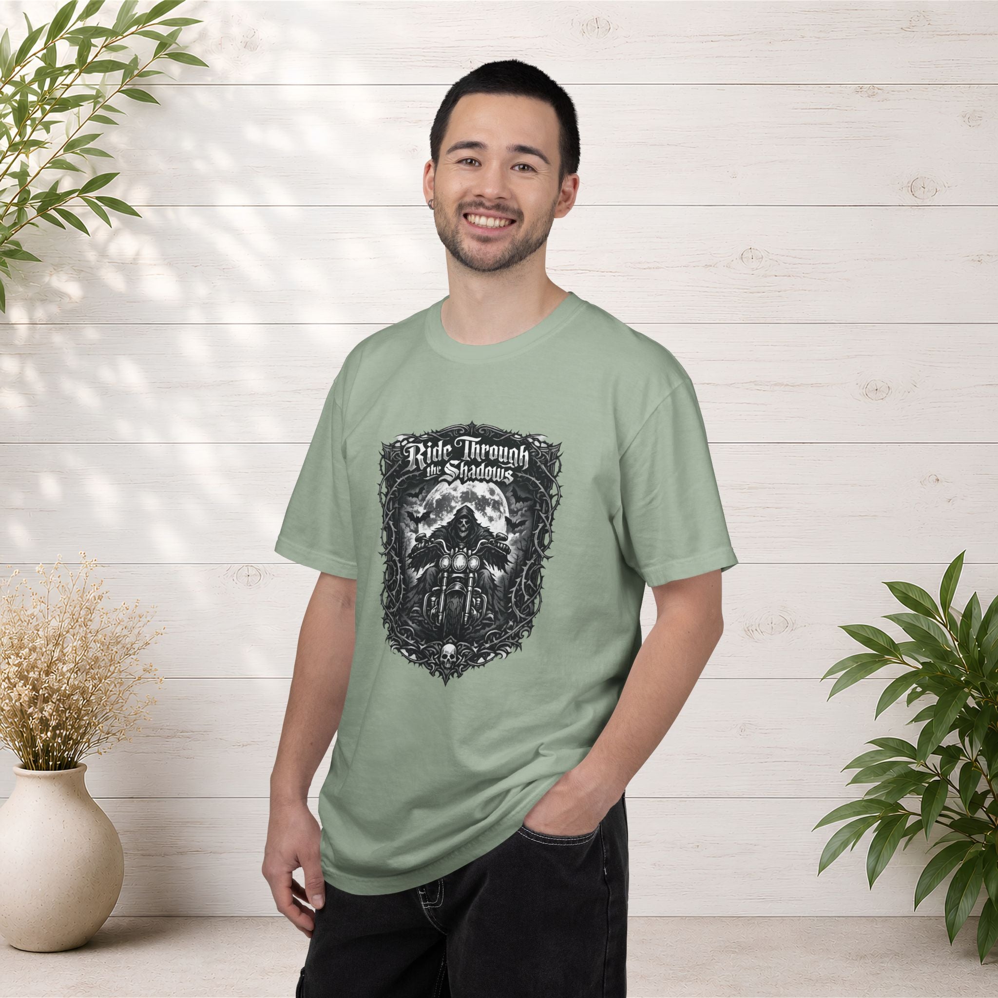 Ride Through Shadows T-Shirt — Gothic Skull Motorcycle Graphic Tee