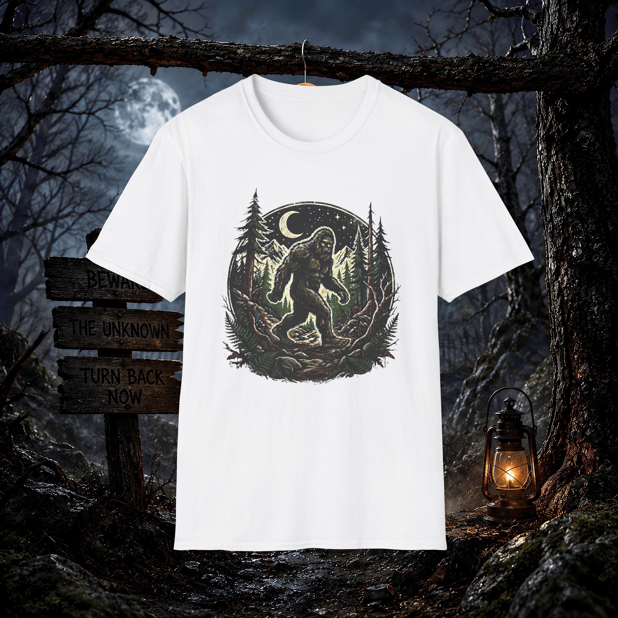 Bigfoot Forest Moon T-Shirt | Sasquatch Night Hiking Design