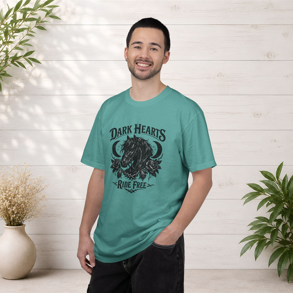 Dark Hearts Ride Free T-Shirt — Gothic Horse Rider Graphic Tee