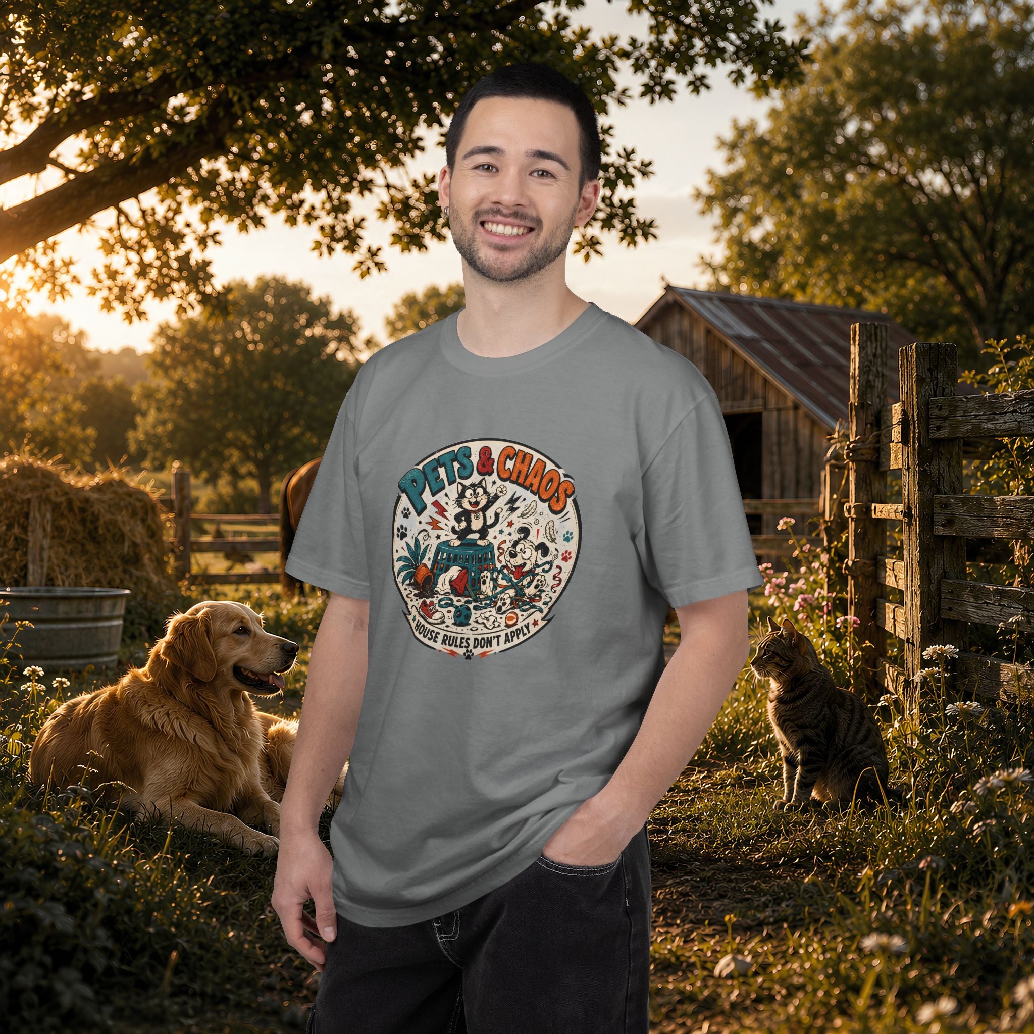 Pets & Chaos Graphic T-Shirt — "House Rules Don't Apply" Vintage Pet Lover Tee