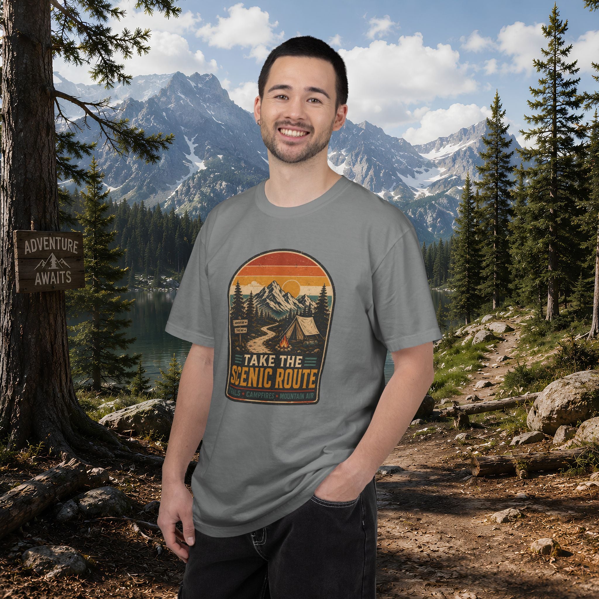 Scenic Route Camping T-Shirt — Retro Mountains & Tent Outdoor Tee