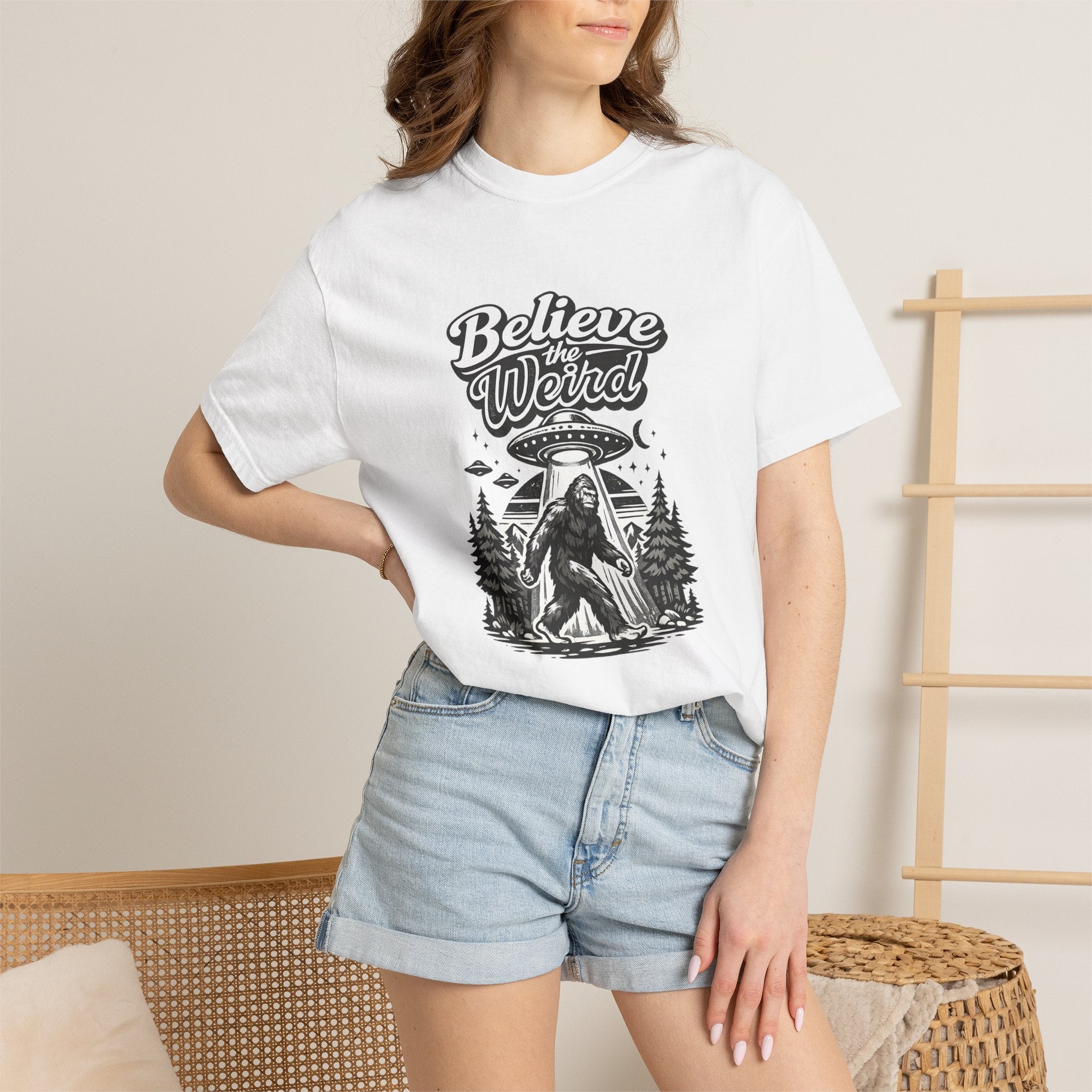 Believe the Weird T-Shirt — Bigfoot Forest UFO Graphic Tee
