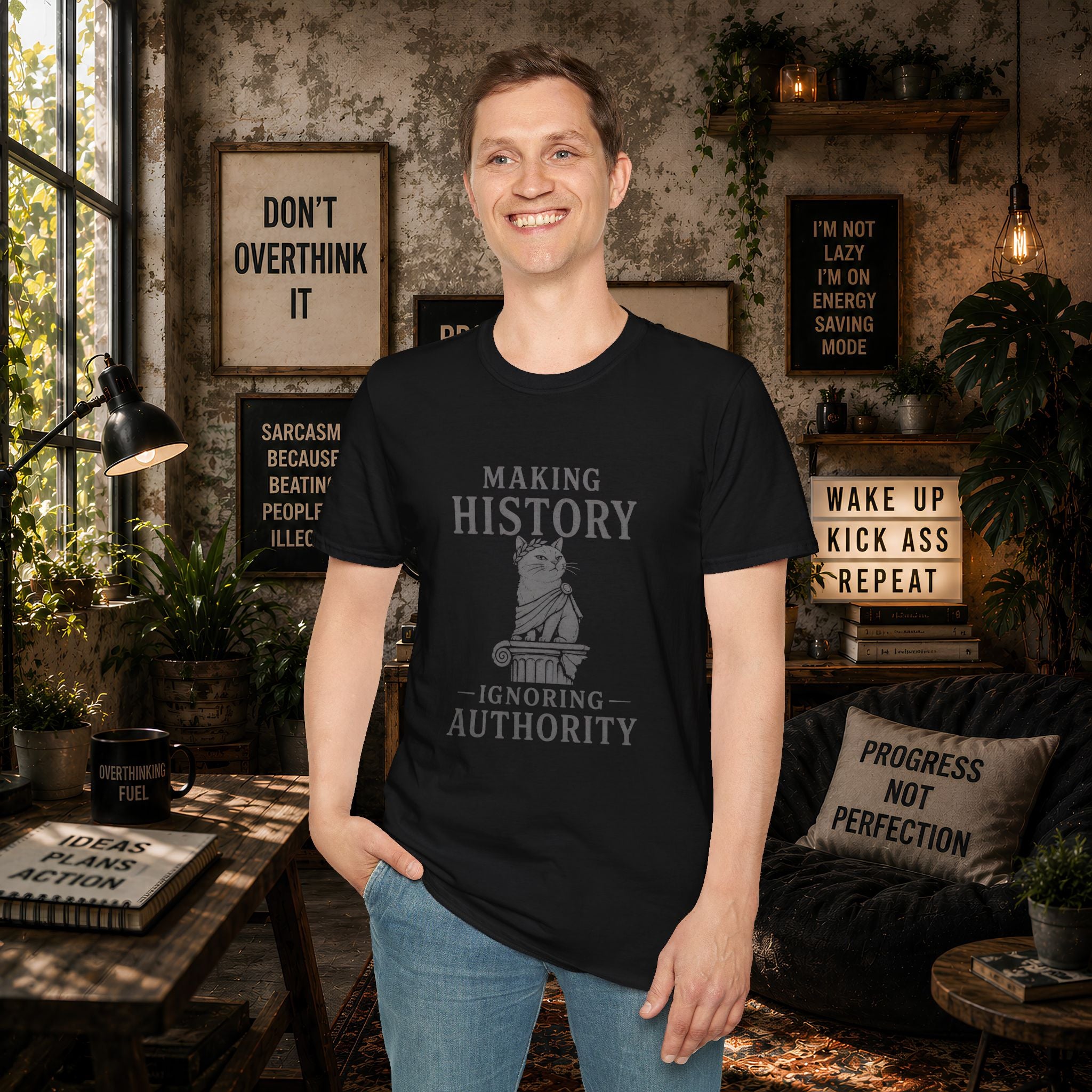 Making History cat statue T-Shirt | "Making History Ignoring Authority" design