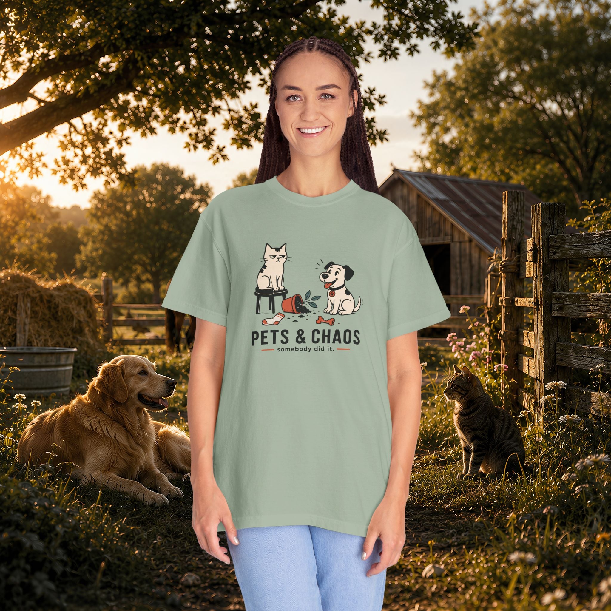 Pets & Chaos Graphic T-Shirt — Funny Cat and Dog Design