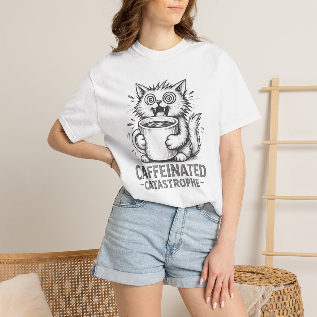 Caffeinated Cat T-Shirt — "Caffeinated Catastrophe" Coffee Lover Tee