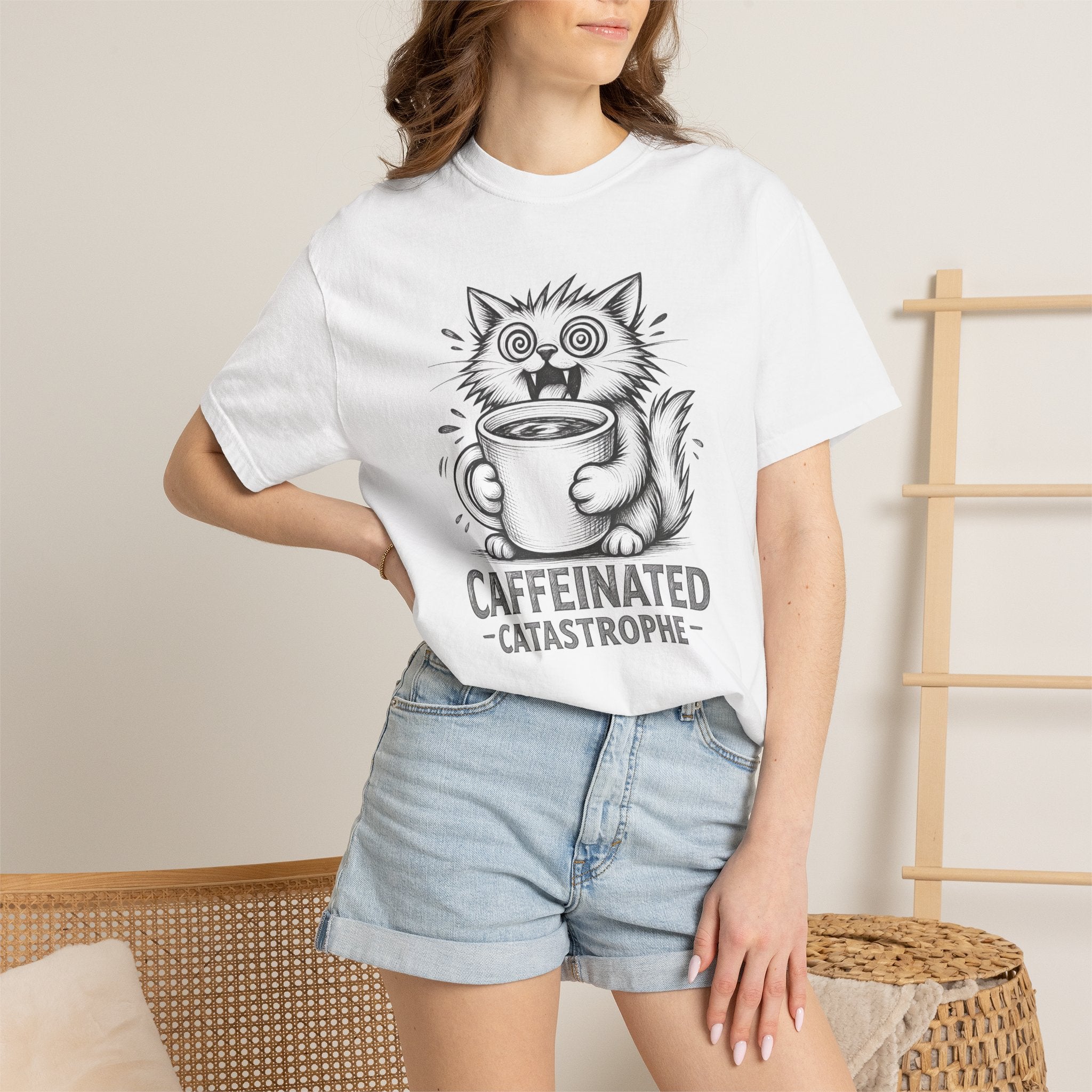 Caffeinated Cat T-Shirt — "Caffeinated Catastrophe" Coffee Lover Tee