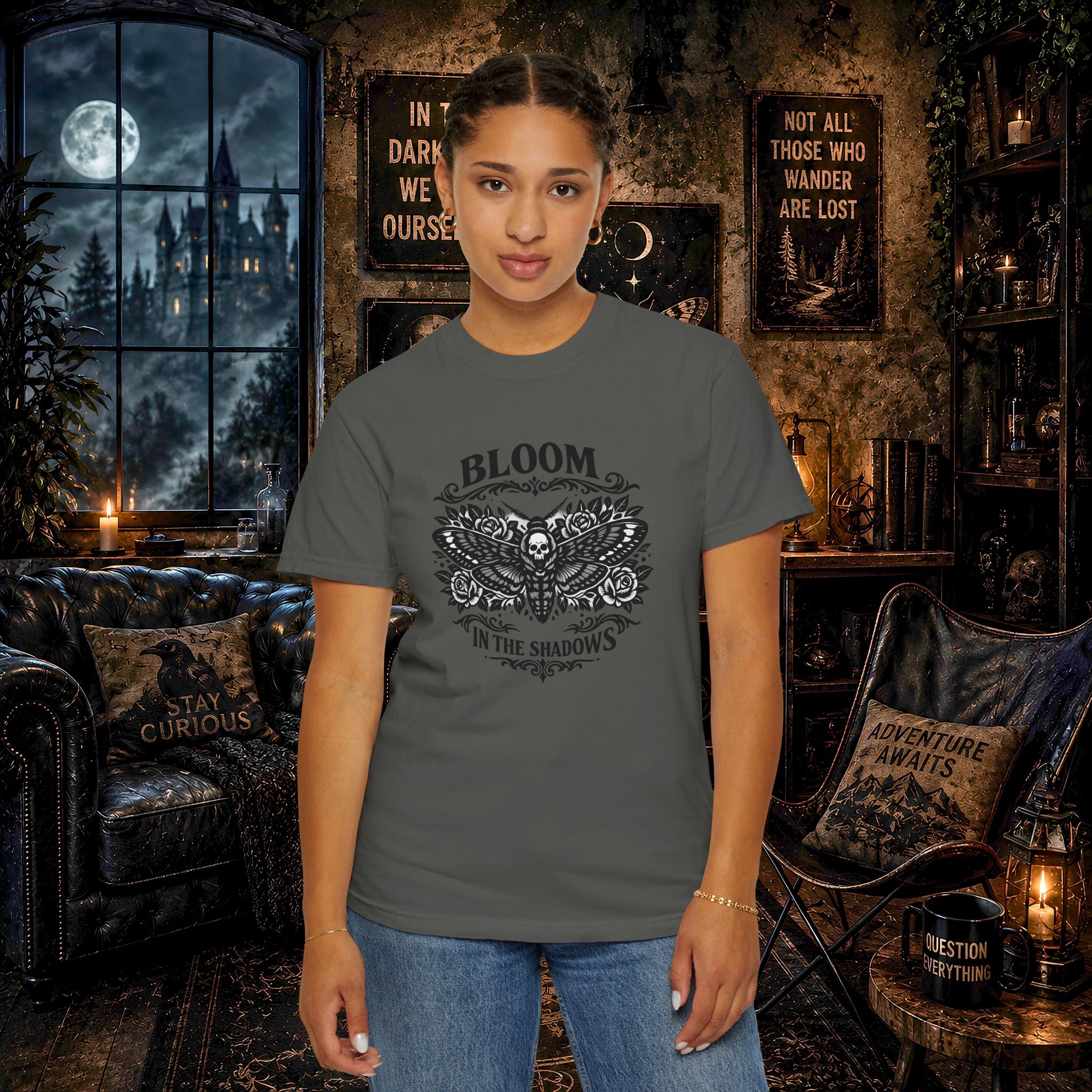 Bloom in the Shadows T-Shirt — Gothic Floral Skull Tee