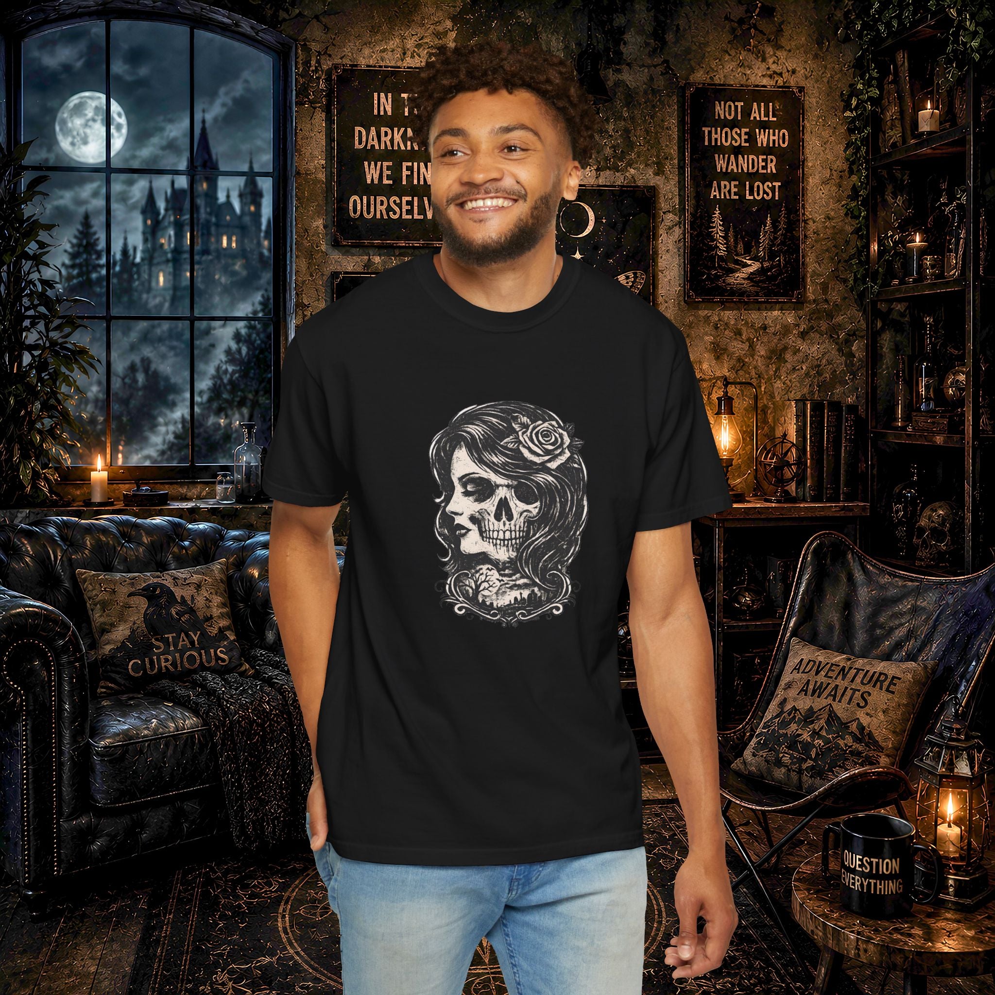 Skull Lady Rose T-Shirt — Vintage Day of the Dead Portrait Tee