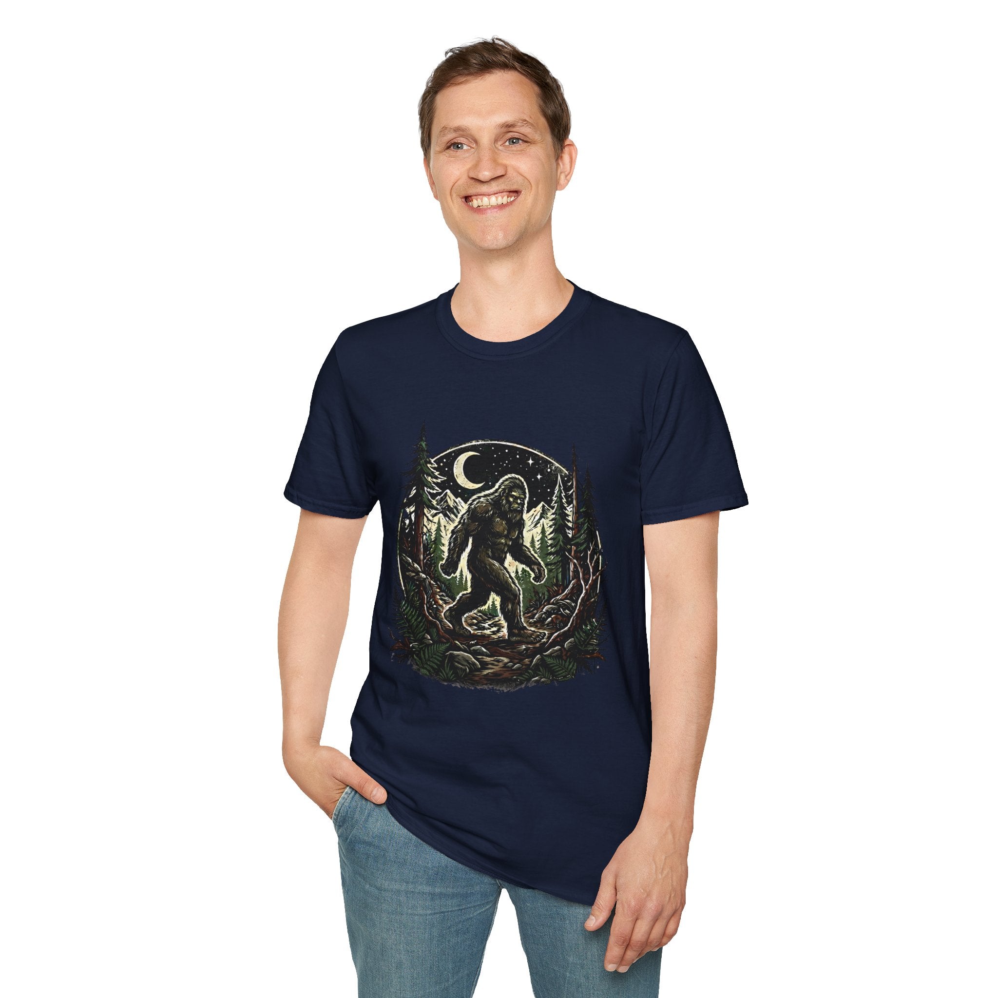 Bigfoot Forest Moon T-Shirt | Sasquatch Night Hiking Design