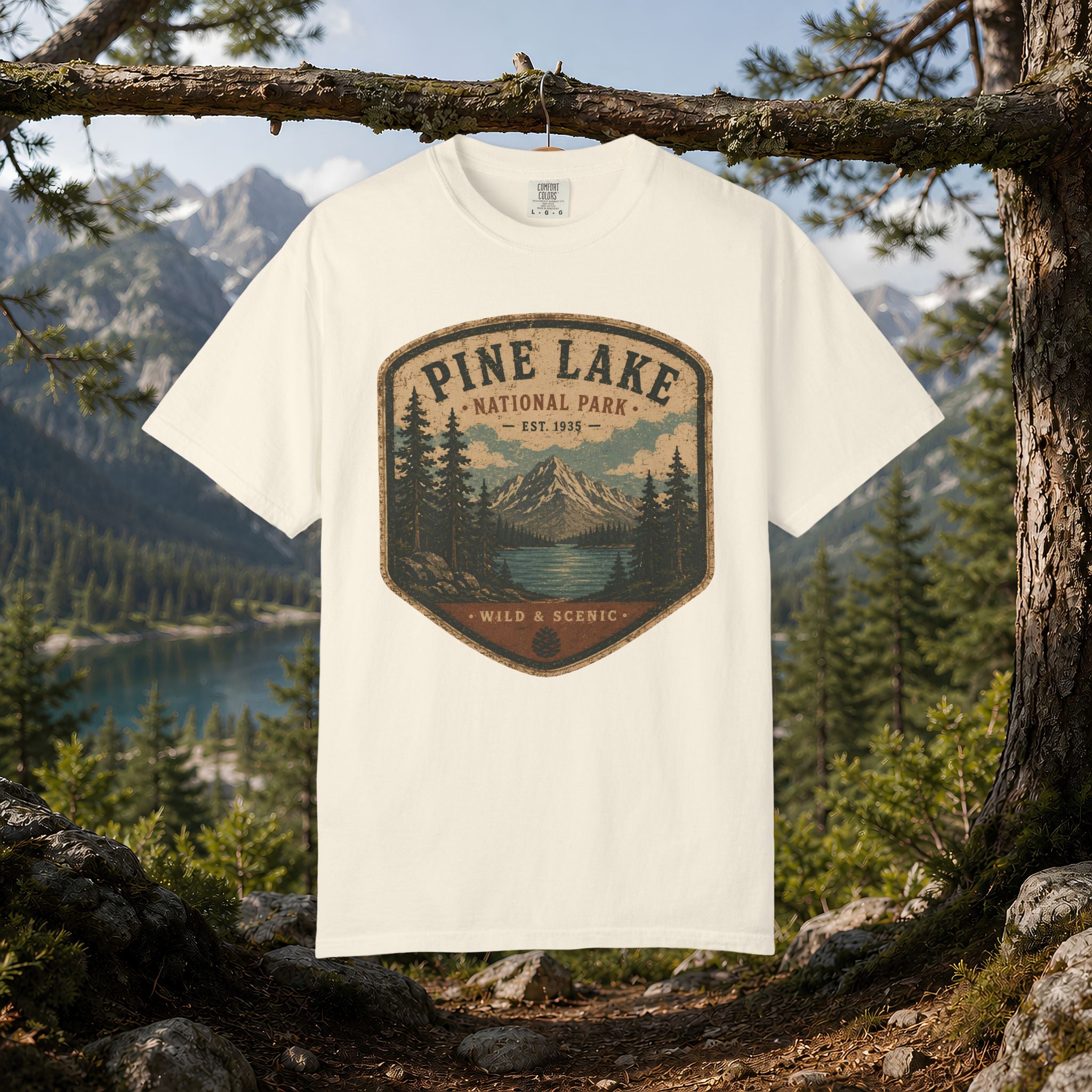 Pine Lake National Park Badge T-Shirt | Mountain Lake Forest Graphic