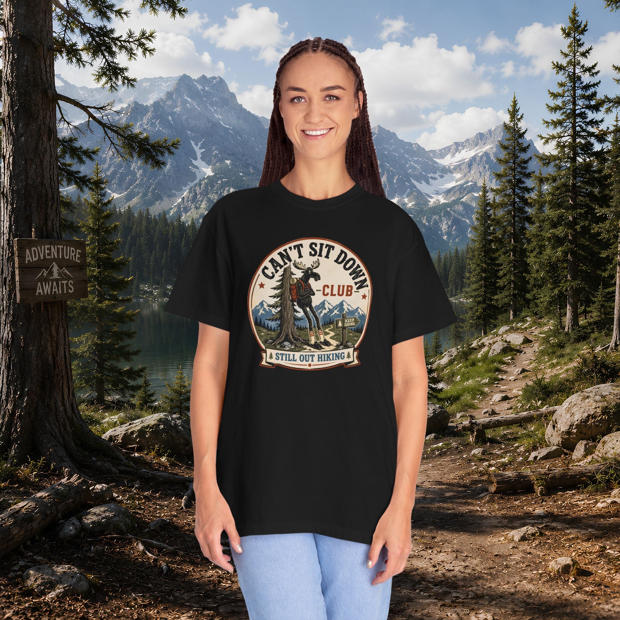 Hugag Hiking Tee — "Can't Sit Down Club" Vintage Mountain Cryptid Shirt