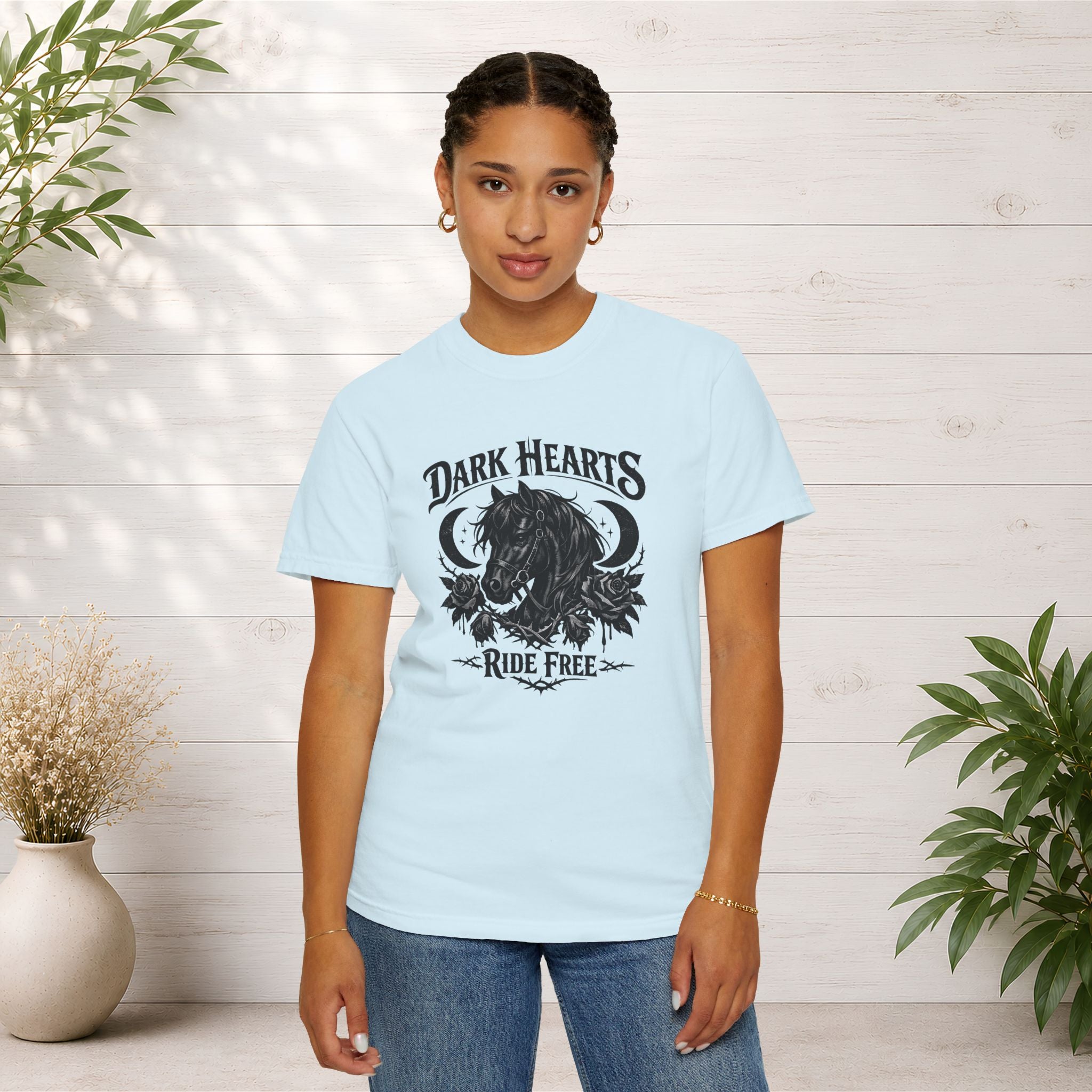 Dark Hearts Ride Free T-Shirt — Gothic Horse Rider Graphic Tee