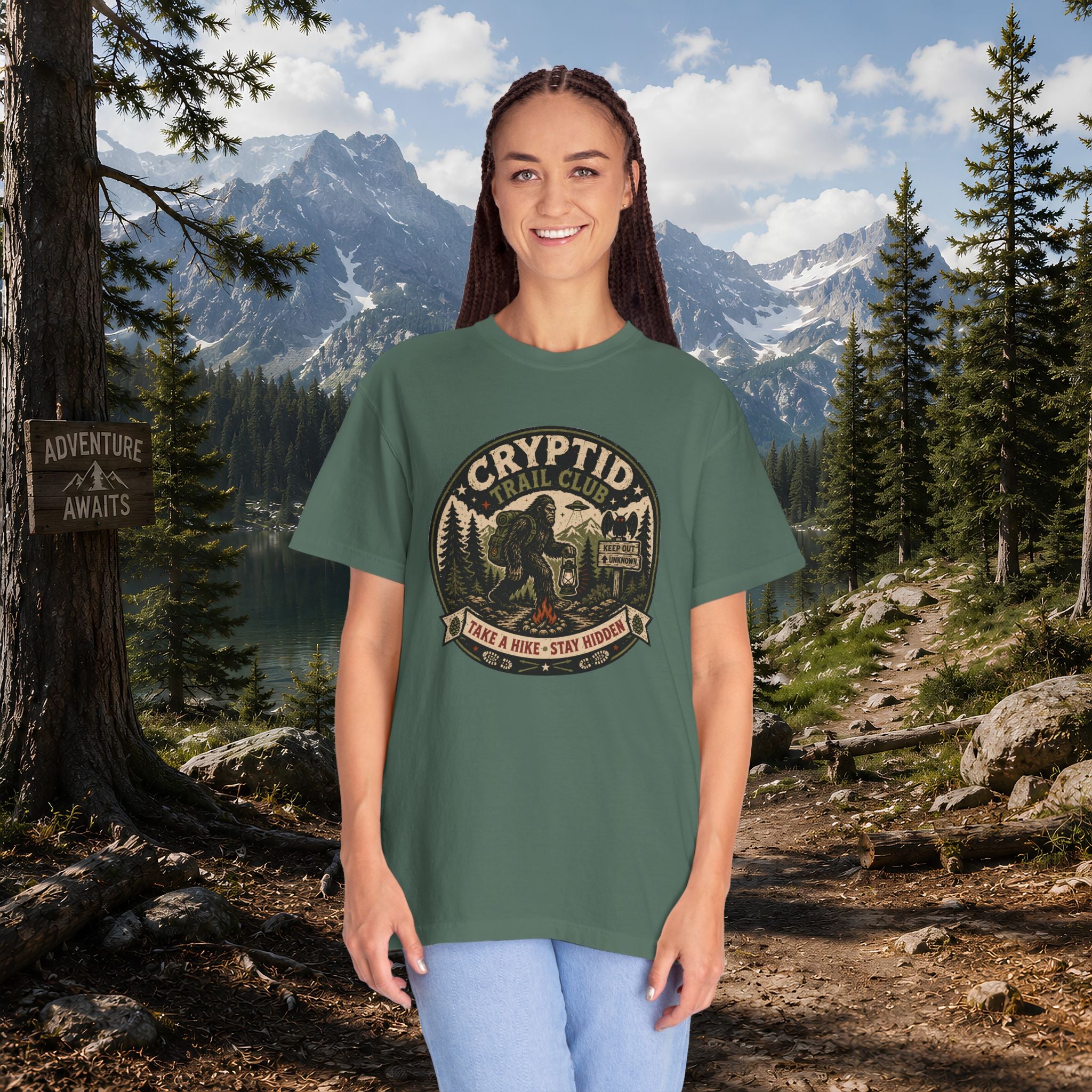 Cryptid Trail Club T-Shirt — "Take a Hike, Stay Hidden" Outdoor Sasquatch Tee