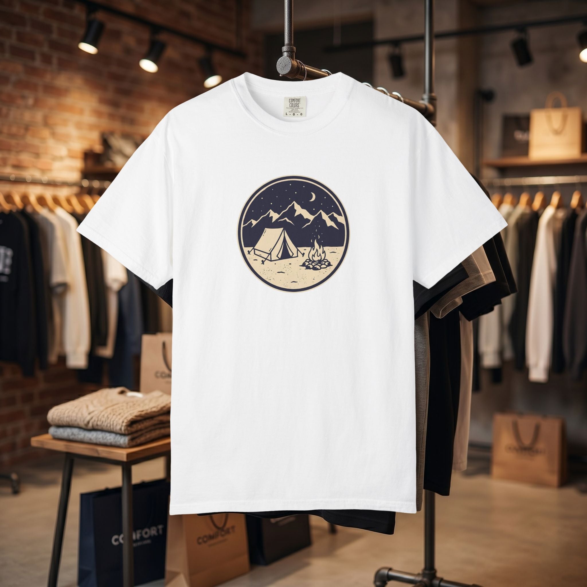 Mountain Camping Circle Art T-shirt | Tent Campfire Outdoors Tee