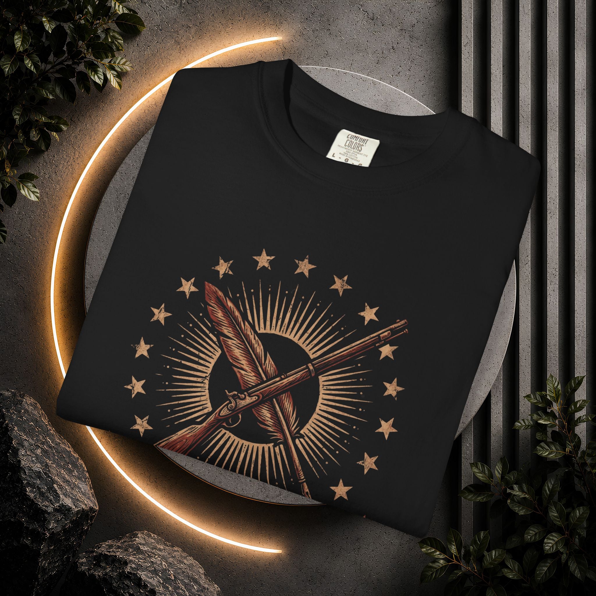 250 Years Strong flag rifle crest T-shirt | patriotic American heritage