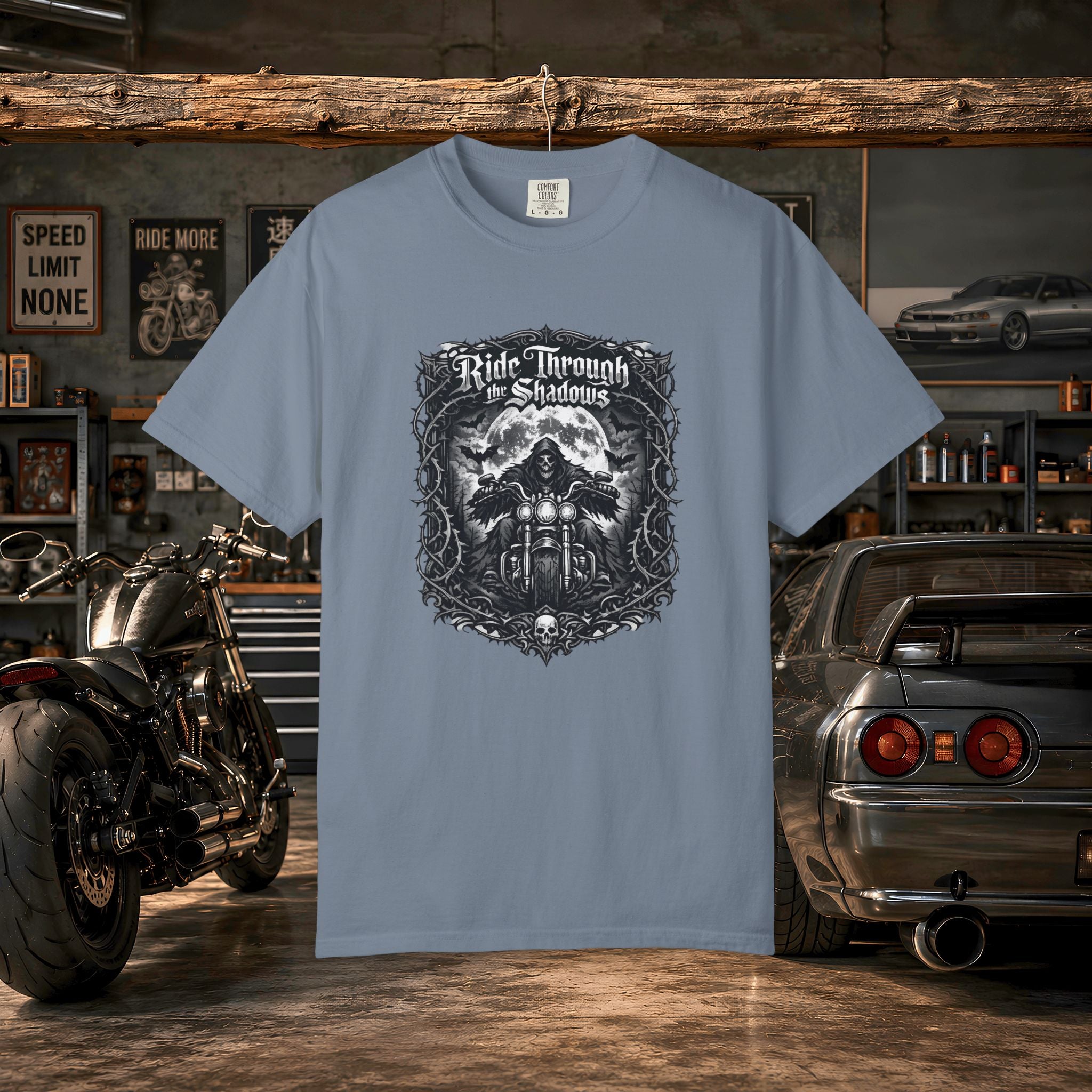 Ride Through Shadows T-Shirt — Gothic Skull Motorcycle Graphic Tee