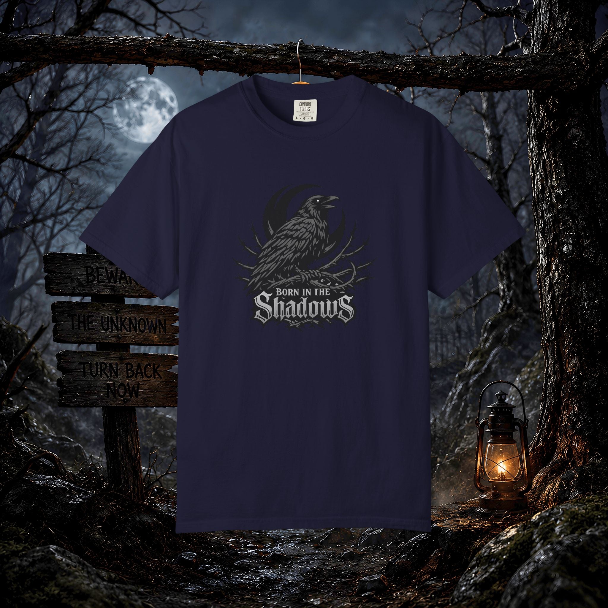 Born in the Shadows T-Shirt — Gothic Raven Graphic Tee