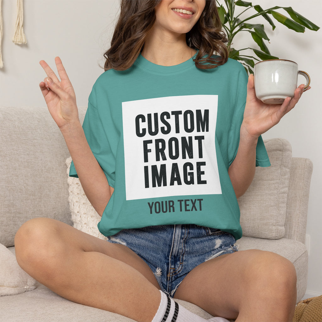 Custom Front Square Print T-Shirt — Personalized Text Bottom & Image Tee