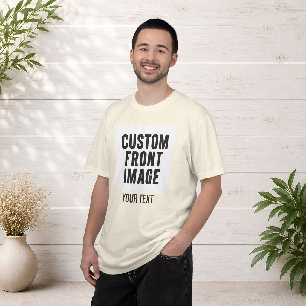 Custom Front Square Print T-Shirt — Personalized Text Bottom & Image Tee