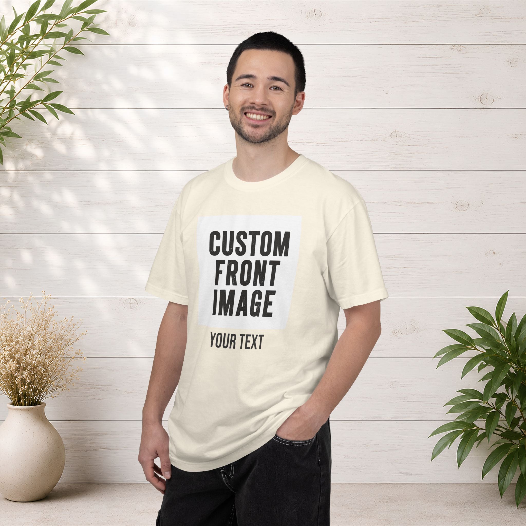 Custom Front Square Print T-Shirt — Personalized Text Bottom & Image Tee