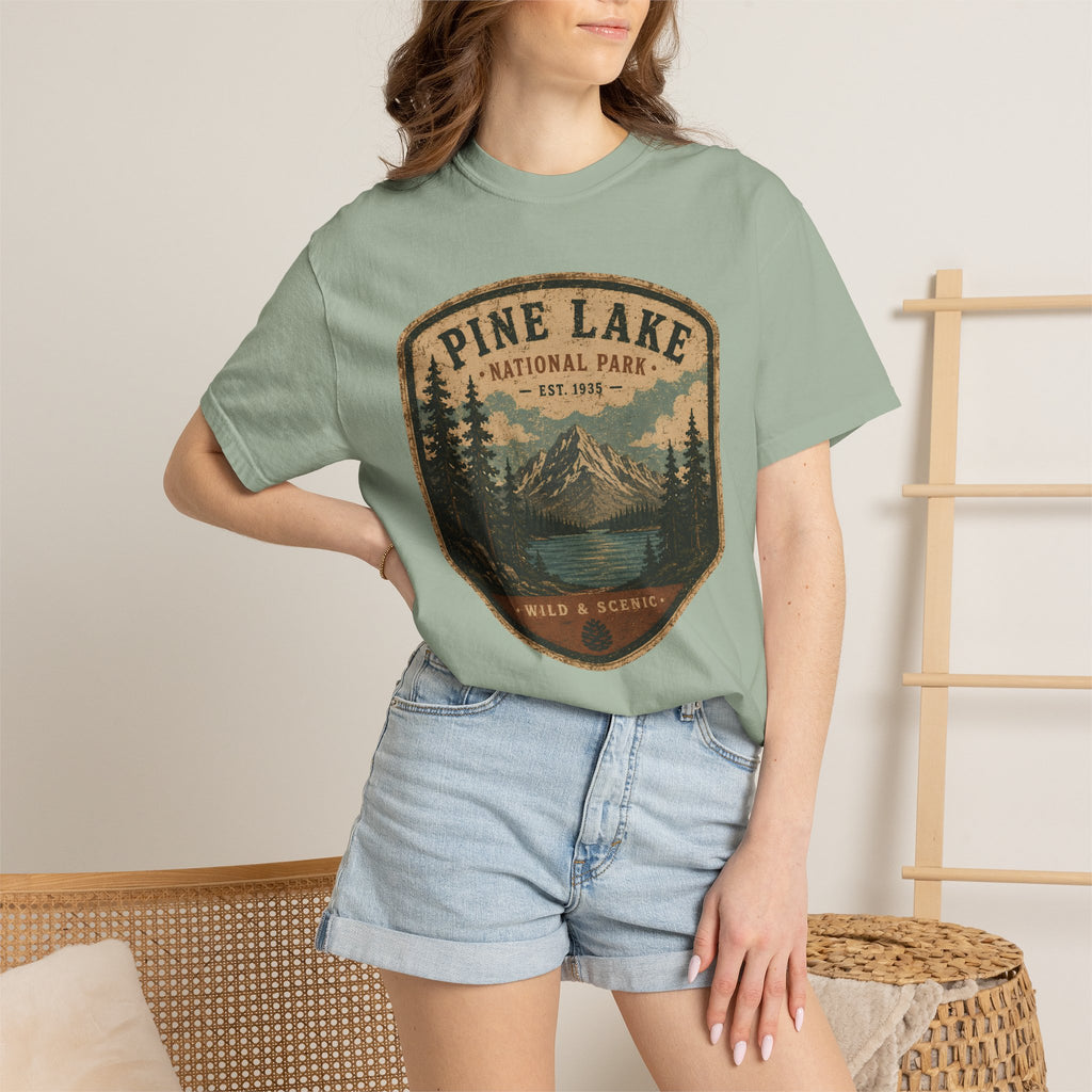 Pine Lake National Park Badge T-Shirt | Mountain Lake Forest Graphic