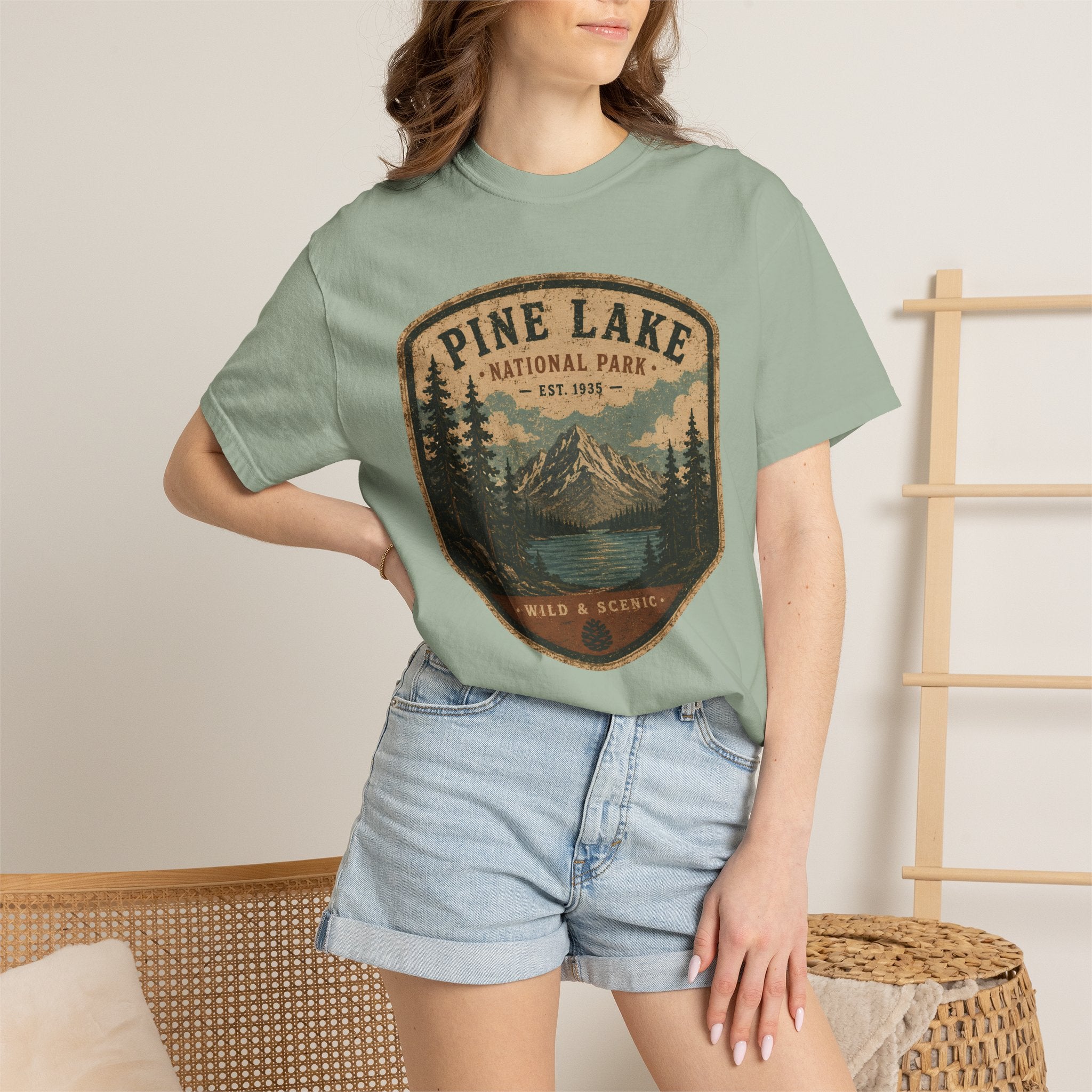 Pine Lake National Park Badge T-Shirt | Mountain Lake Forest Graphic