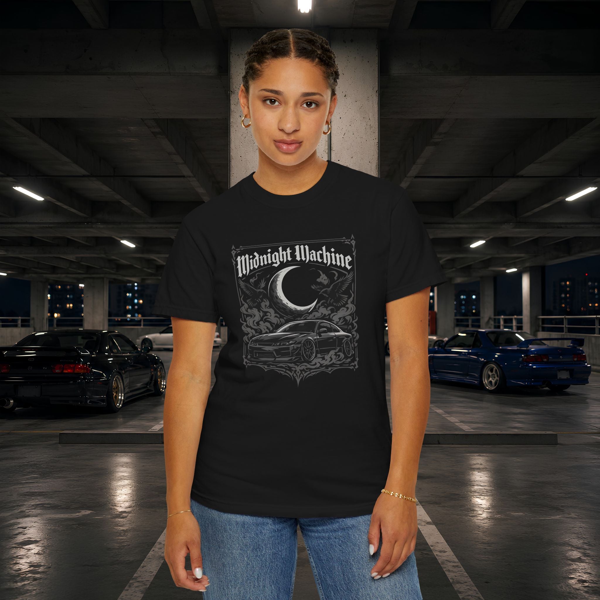 Midnight Machine Graphic T-Shirt — Retro Car Moon Tee for Night Drivers