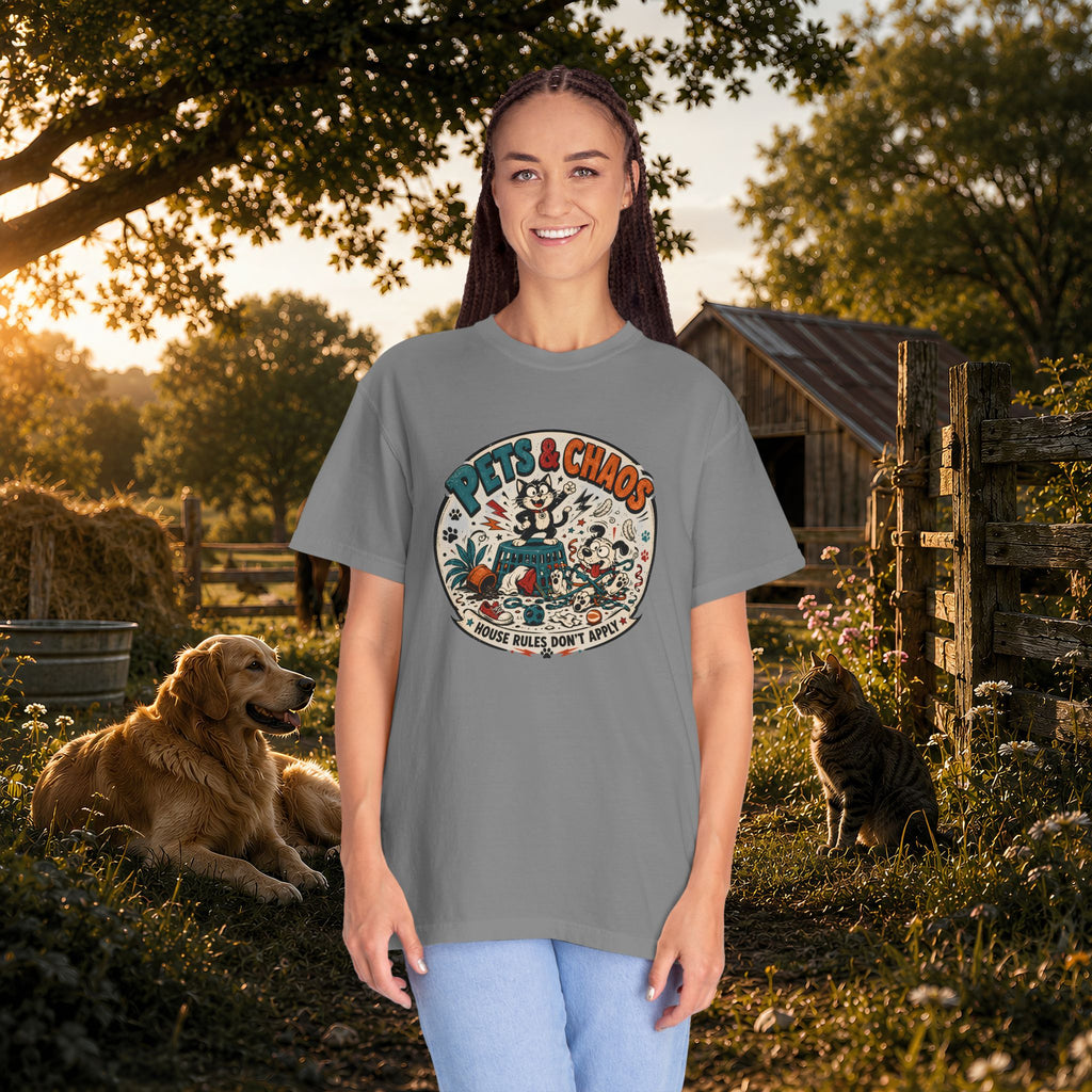 Pets & Chaos Graphic T-Shirt — "House Rules Don't Apply" Vintage Pet Lover Tee