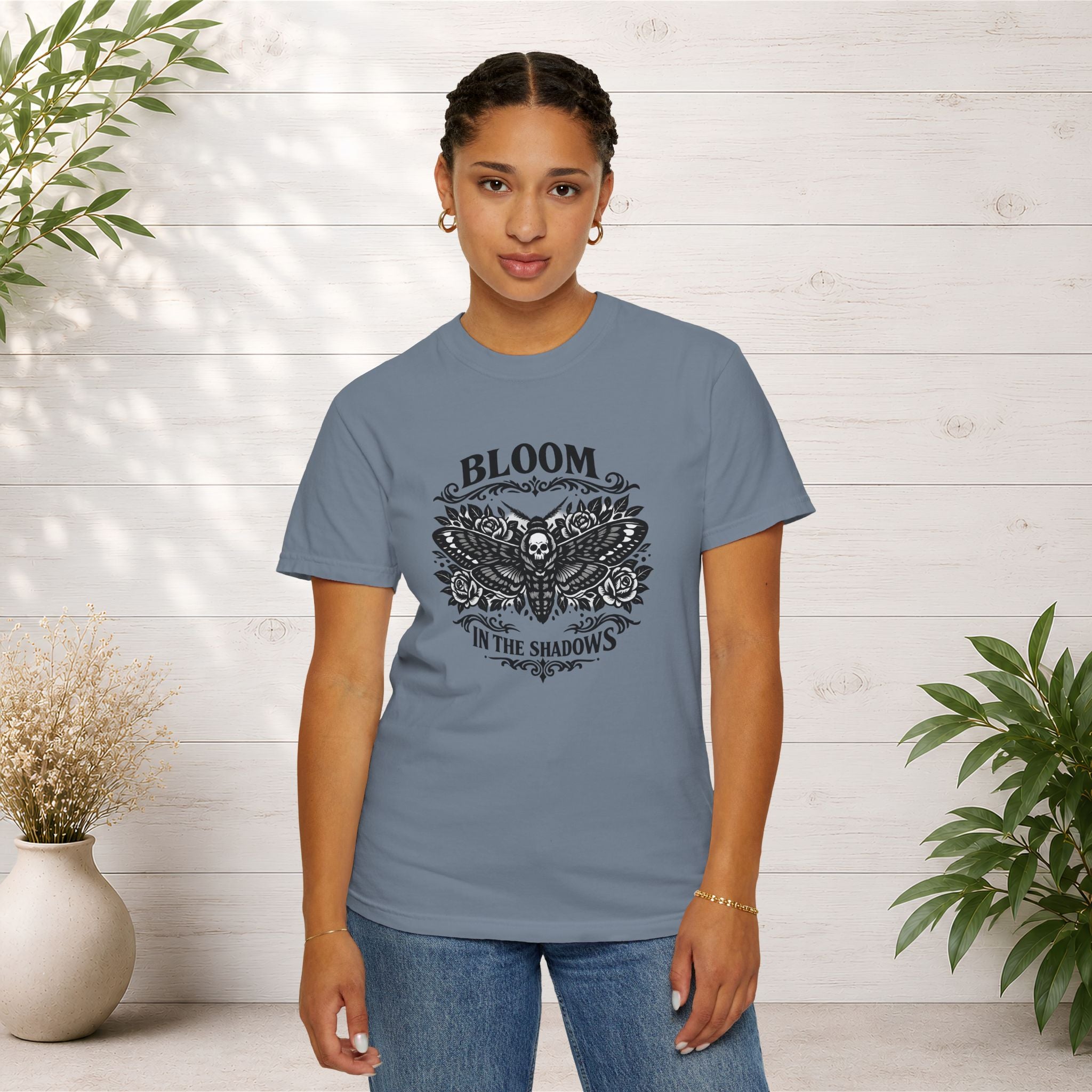 Bloom in the Shadows T-Shirt — Gothic Floral Skull Tee